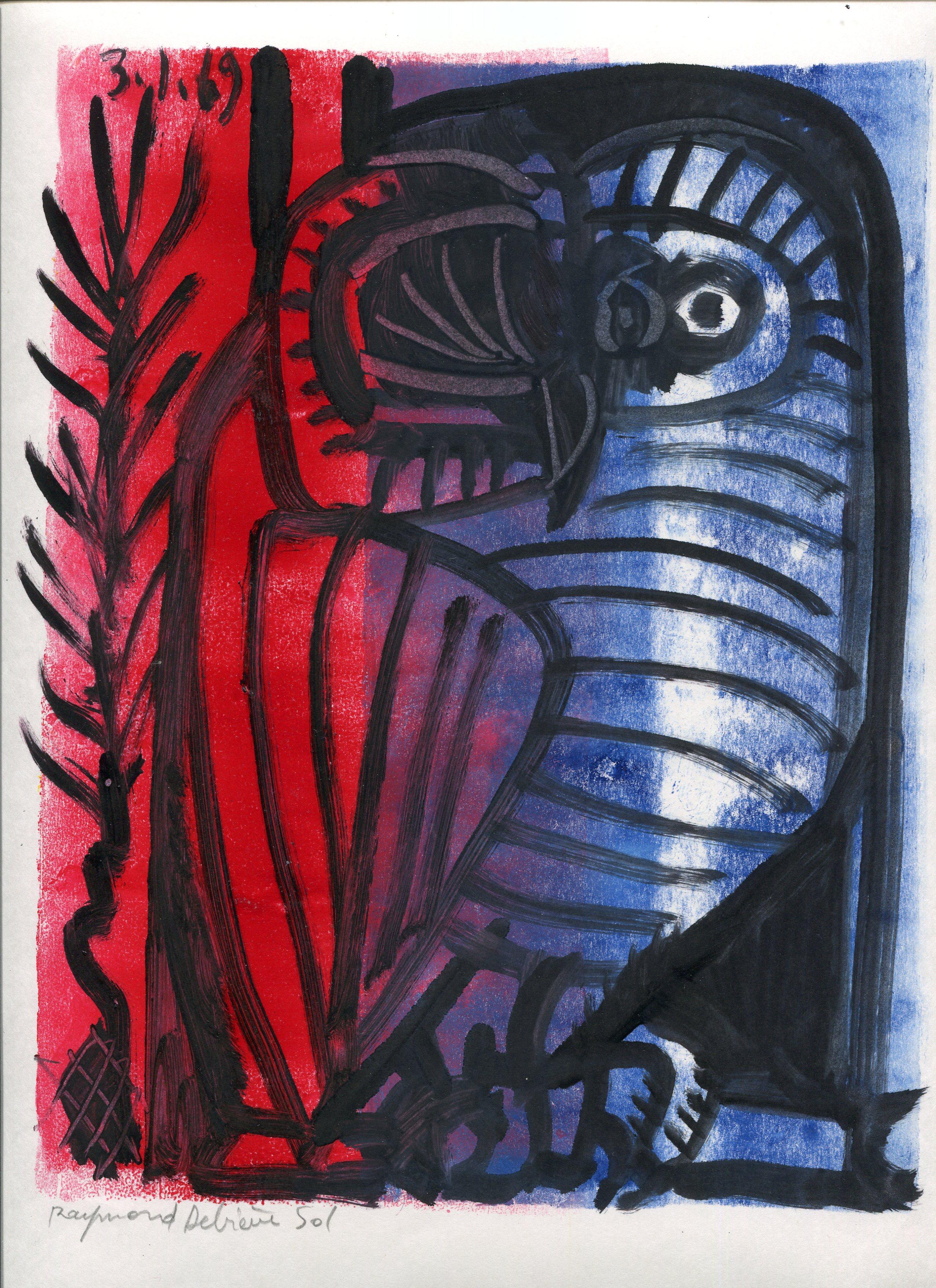 Raymond Debieve Animal Painting - Red and blue owl - Raymond Debiève, unique piece, monotype