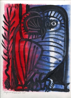 Red and blue owl - Raymond Debiève, unique piece, monotype