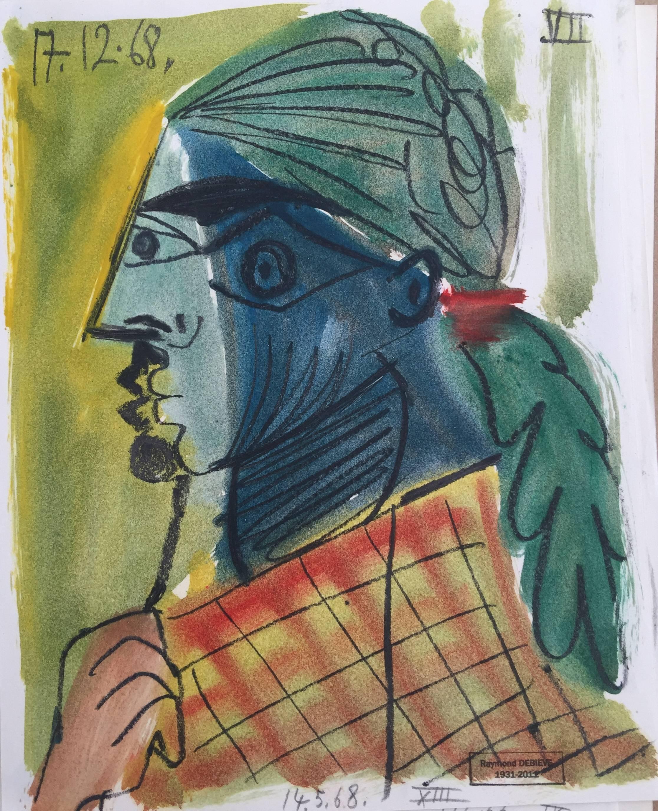 Raymond Debieve Figurative Painting - Ruban Rouge, Small Mixed Media on Paper Cubist Painting