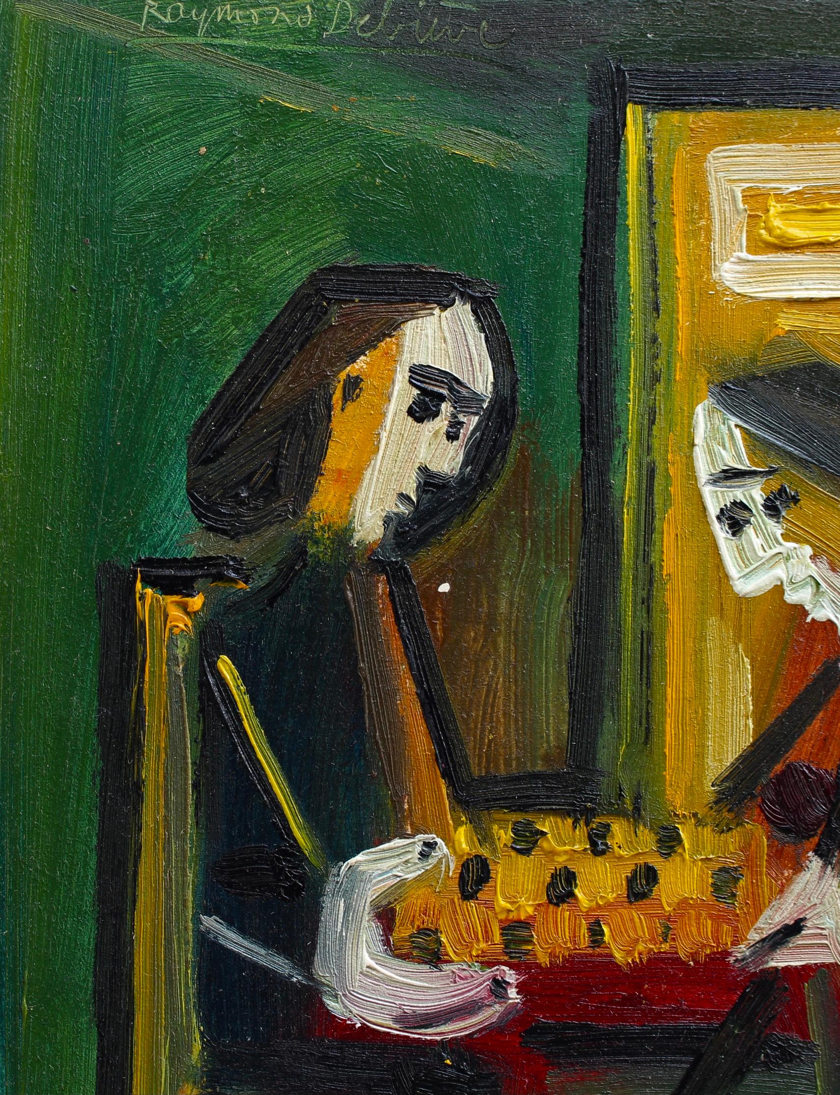 'La partita a scacchi', olio su cartoncino, di Raymond Debiève (1973). Colori ricchi, pennellate audaci e pittoriche e un soggetto insolito per un'opera d'arte: Debiève ha creato questa scena nel suo stile post-cubista. L'influenza di Picasso è