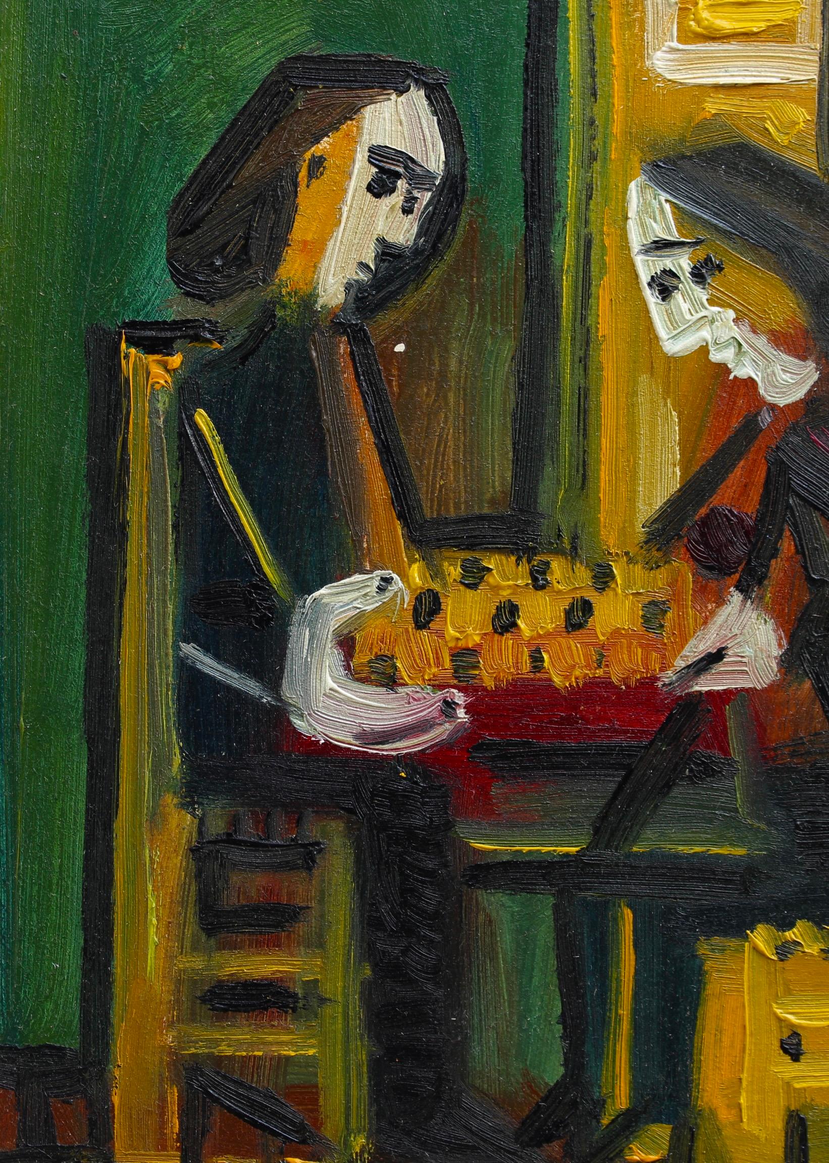 'The Chess Match', oil on cardstock paper, by Raymond Debiève (1973). Rich colours, bold, painterly brush strokes and an unusual subject for a work of art, Debiève has created this scene in his post-cubist style. Picasso's influence is undeniable