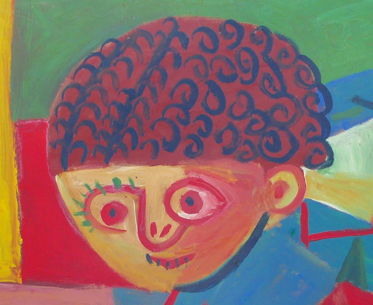 The child and the owl, unique piece, oil paint on wood - Contemporary Painting by Raymond Debieve