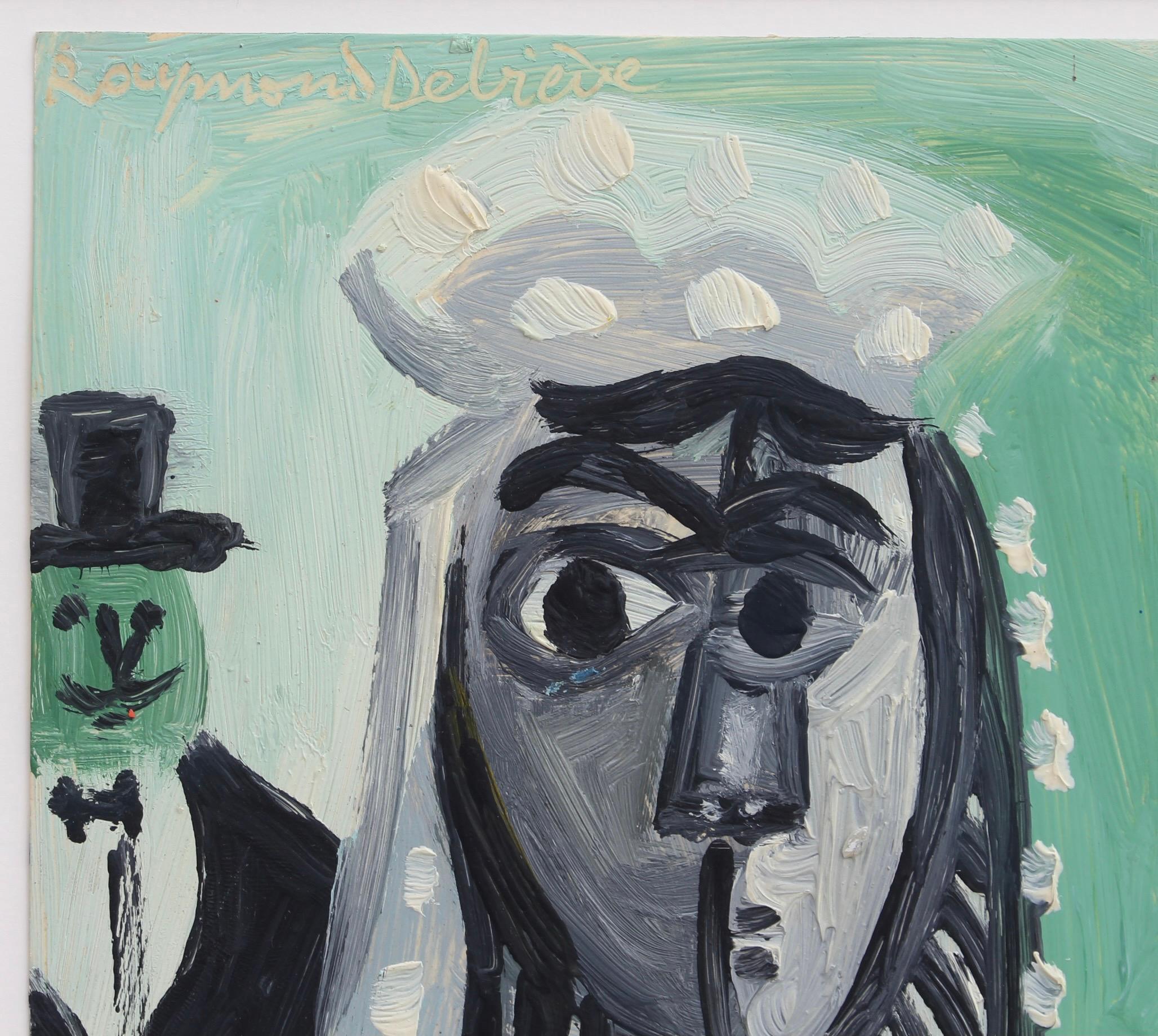 'The Wedding' oil on cardstock paper, by Raymond Debiève (1972). A quirky portrait of a young bride with the groom (or is it her father?) in the background. Her expression is bewildering. The artist's use of a green wedding dress is also mysterious.