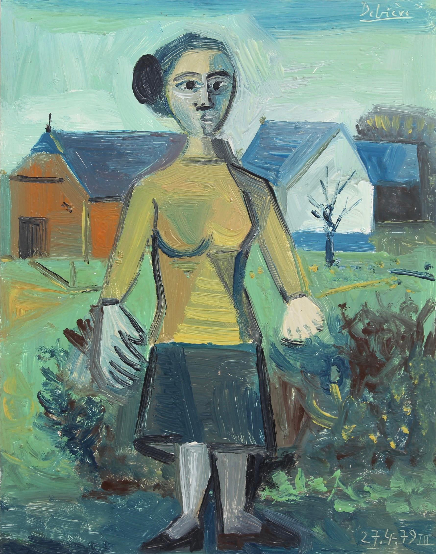 The Woman and the Barn - Gray Portrait Painting by Raymond Debieve