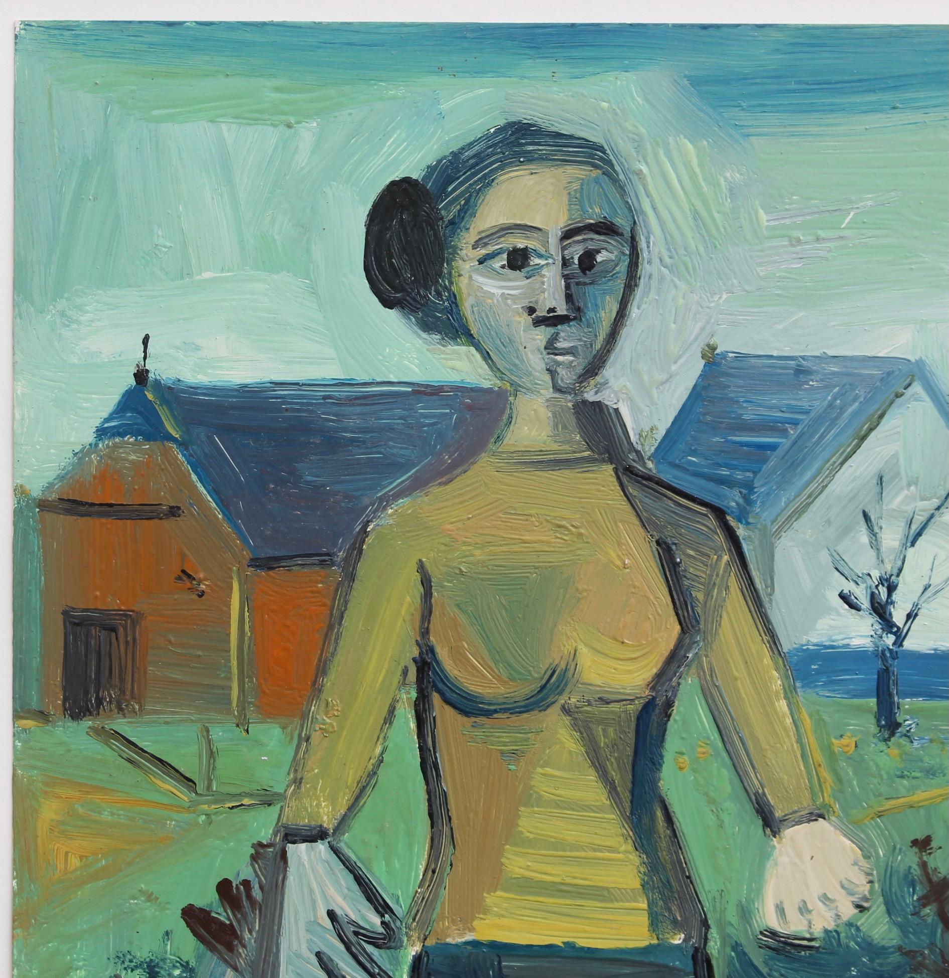 'The Woman and the Barn' ('La Femme et la Grange'), oil on cardstock paper, by Raymond Debiève (1979). In this depiction, the artist paints a woman posing in front of a rustic barn, in his post-cubist style. Behind her are shrubs and greenery