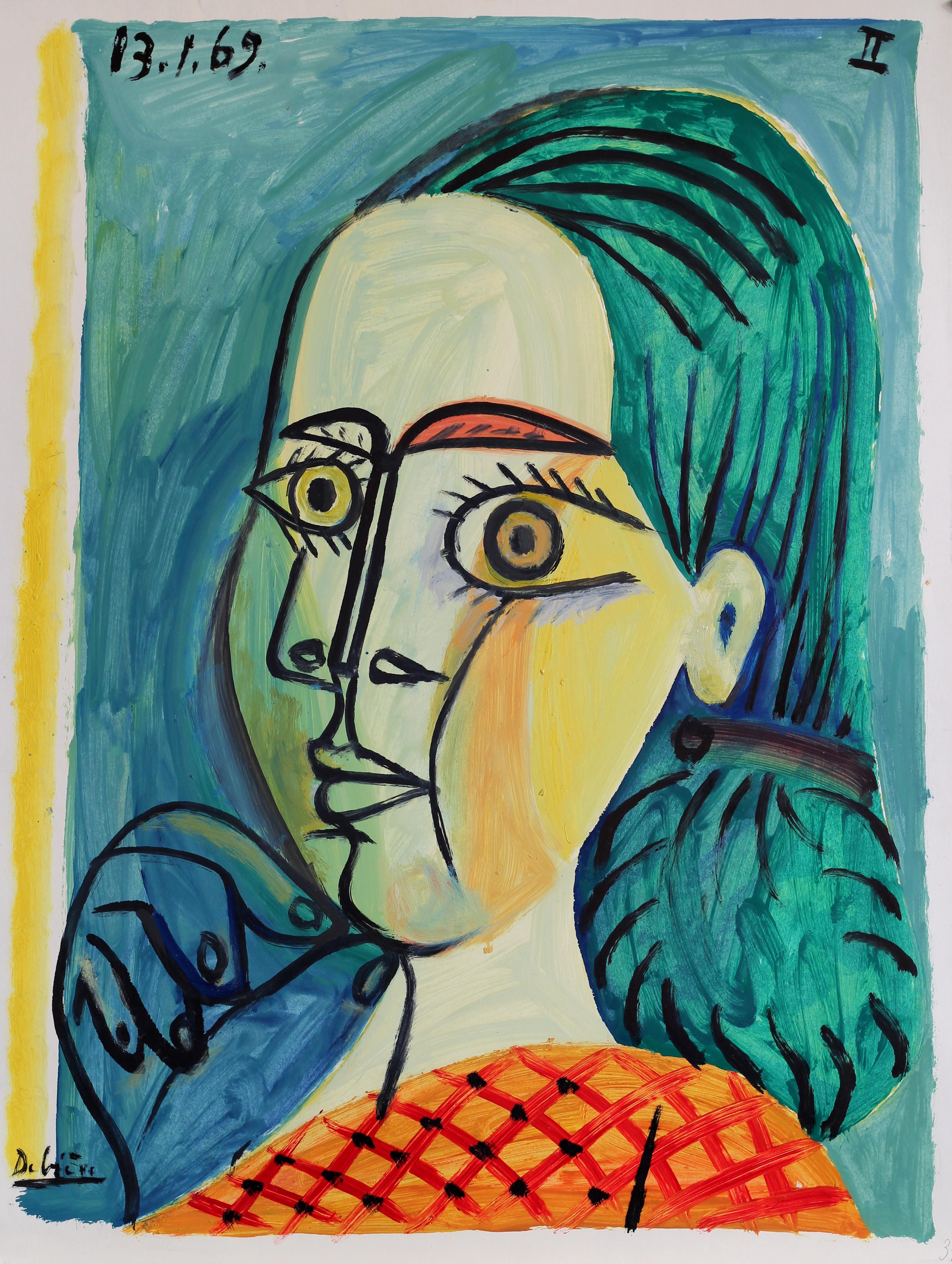 Raymond Debieve Portrait Painting - Turquoise hair, unique piece, printer's ink and oil paint on paper