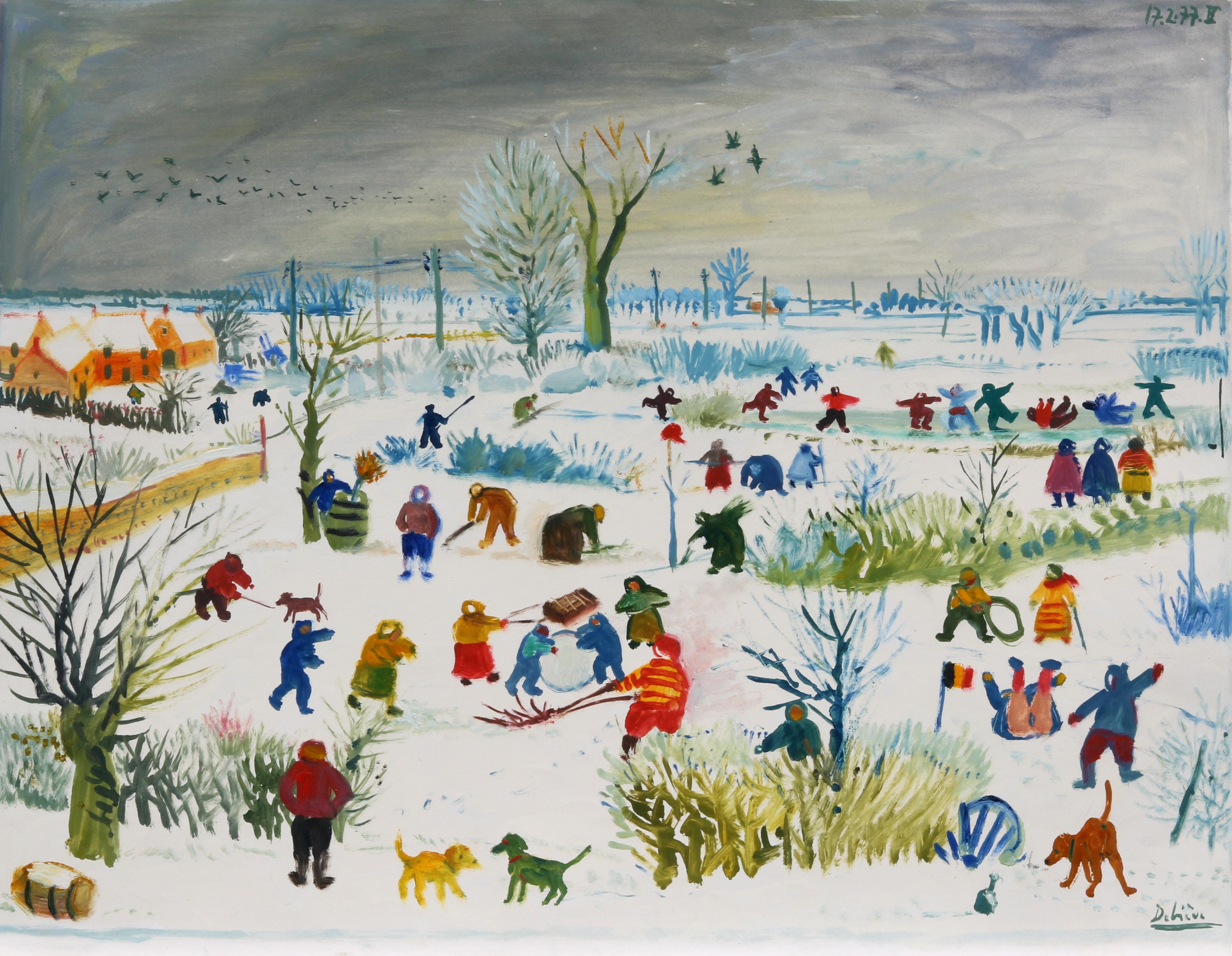 Raymond Debieve Landscape Painting - Winter, unique piece, oil paint on paper