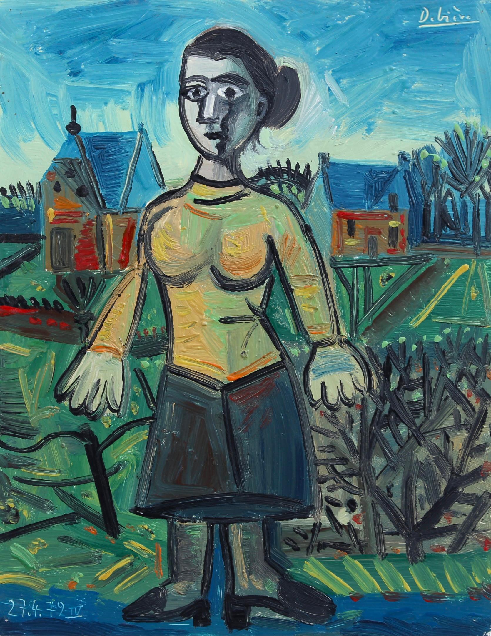 'Woman with Yellow Blouse', oil on cardstock paper (1979), by Raymond Debiève. Here the artist paints a woman posing in front of her home under a blue sky, in his post-cubist style. Beside her are shrubs and greenery from the yard nearby. Picasso's