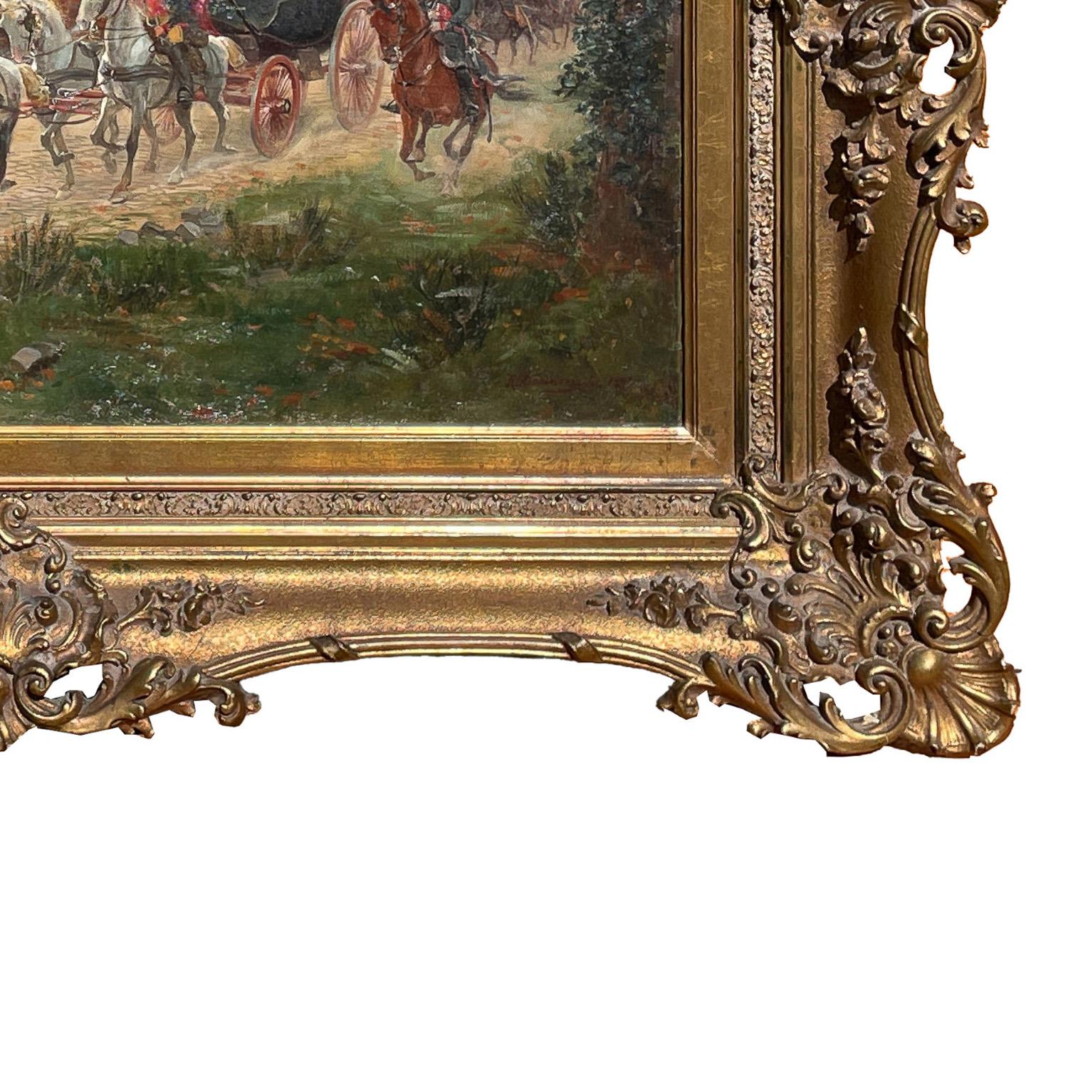 Antique French War Oil Painting Napoleon With His Army Generals Horse & Carriage For Sale 8