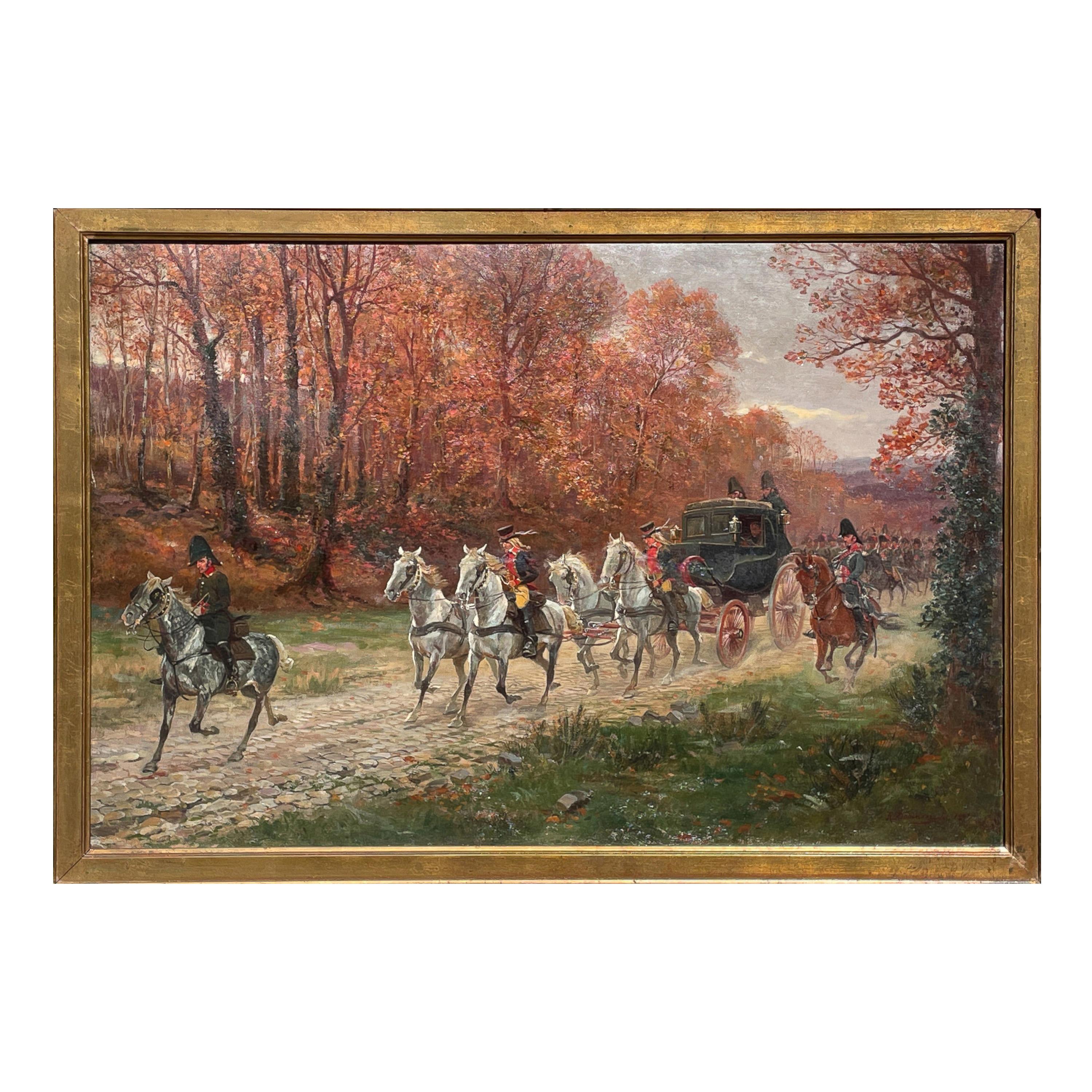 Antique French War Oil Painting Napoleon With His Army Generals Horse & Carriage - Brown Animal Painting by Raymond Desvarreux