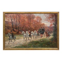 Antique French War Oil Painting Napoleon With His Army Generals Horse & Carriage