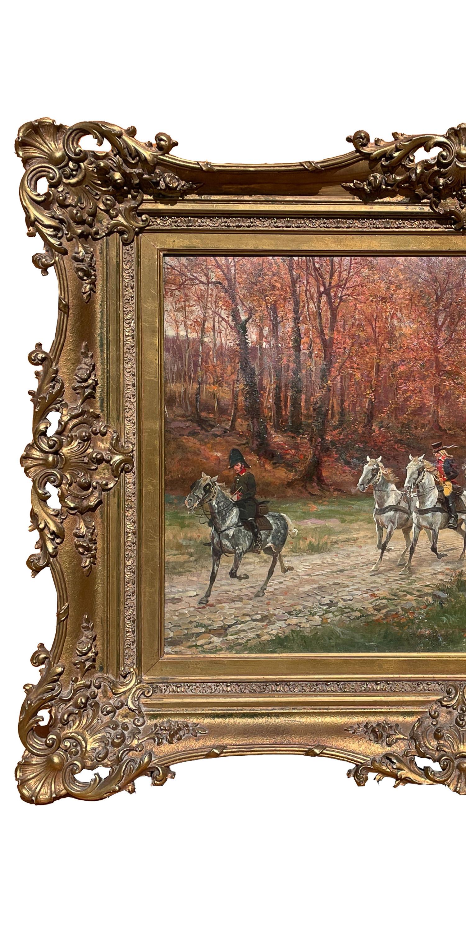 A fine and important French oil painting of Napoleon & his army, by the French-American artist Raymond Desvarreux (1876-1963), the painting signed & dated 1906.
The painting depicts Napoleon seated in his carriage examining battle plans (likely