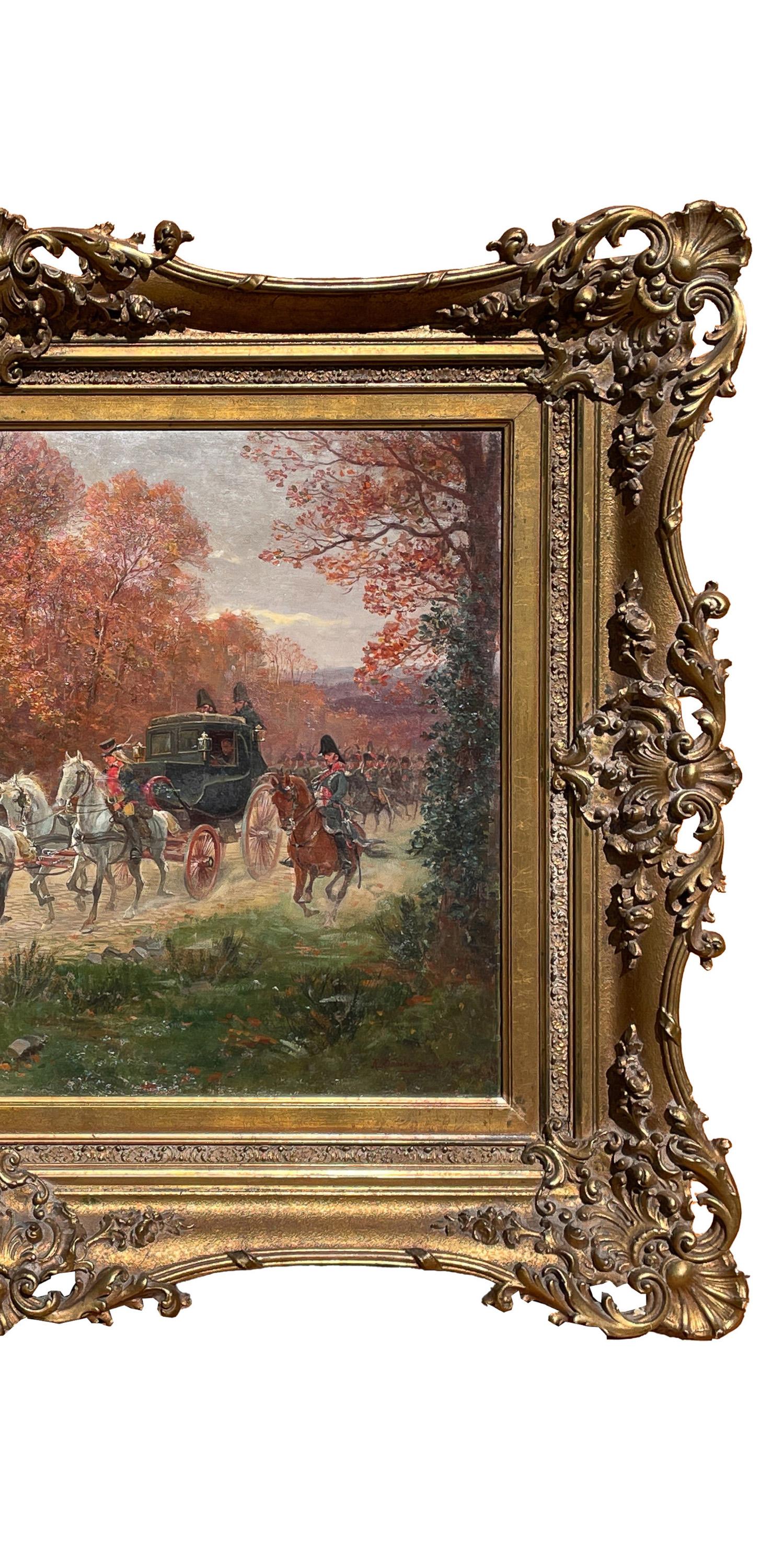 Antique French War Oil Painting Napoleon With His Army Generals Horse & Carriage For Sale 1