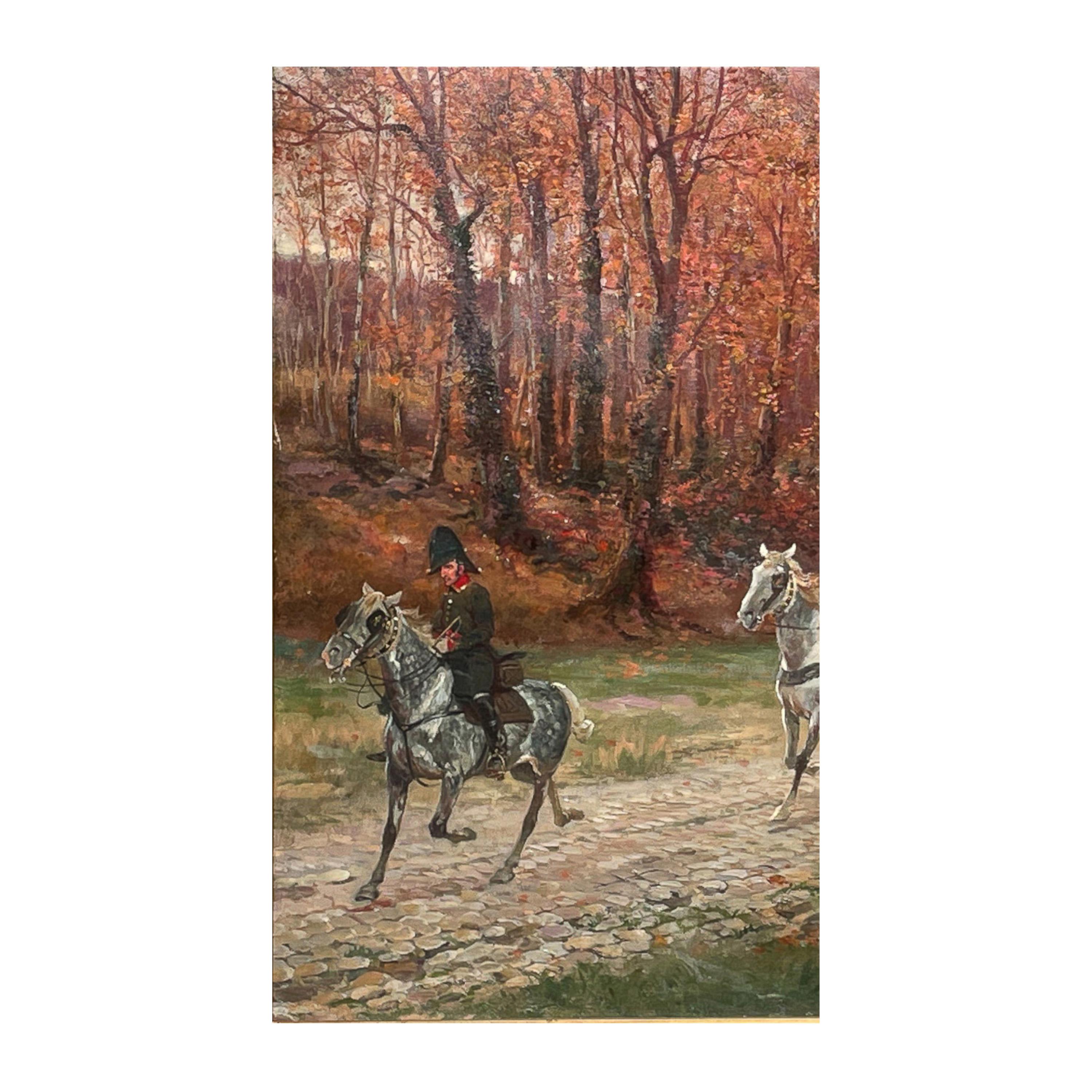 Antique French War Oil Painting Napoleon With His Army Generals Horse & Carriage For Sale 2
