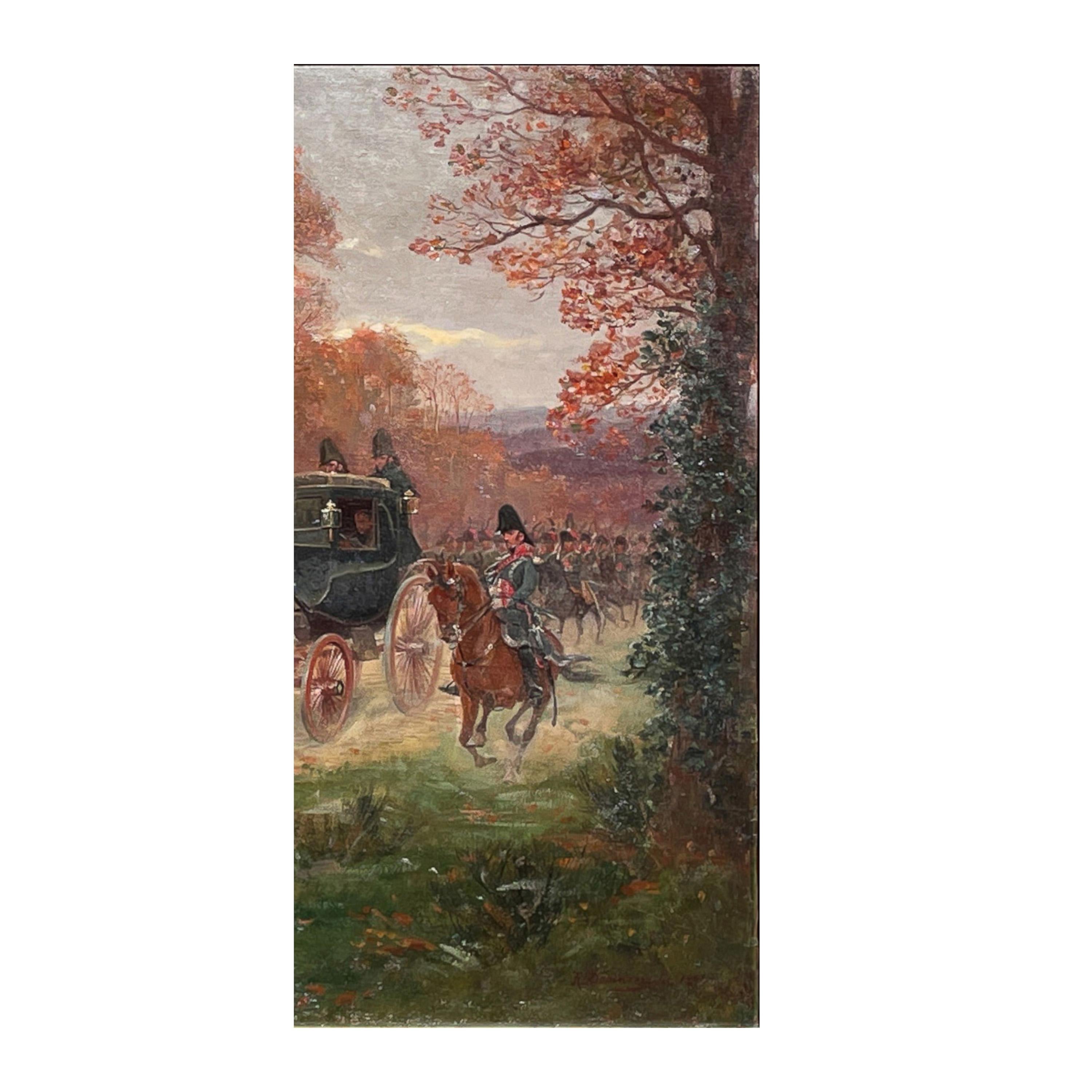 Antique French War Oil Painting Napoleon With His Army Generals Horse & Carriage For Sale 4