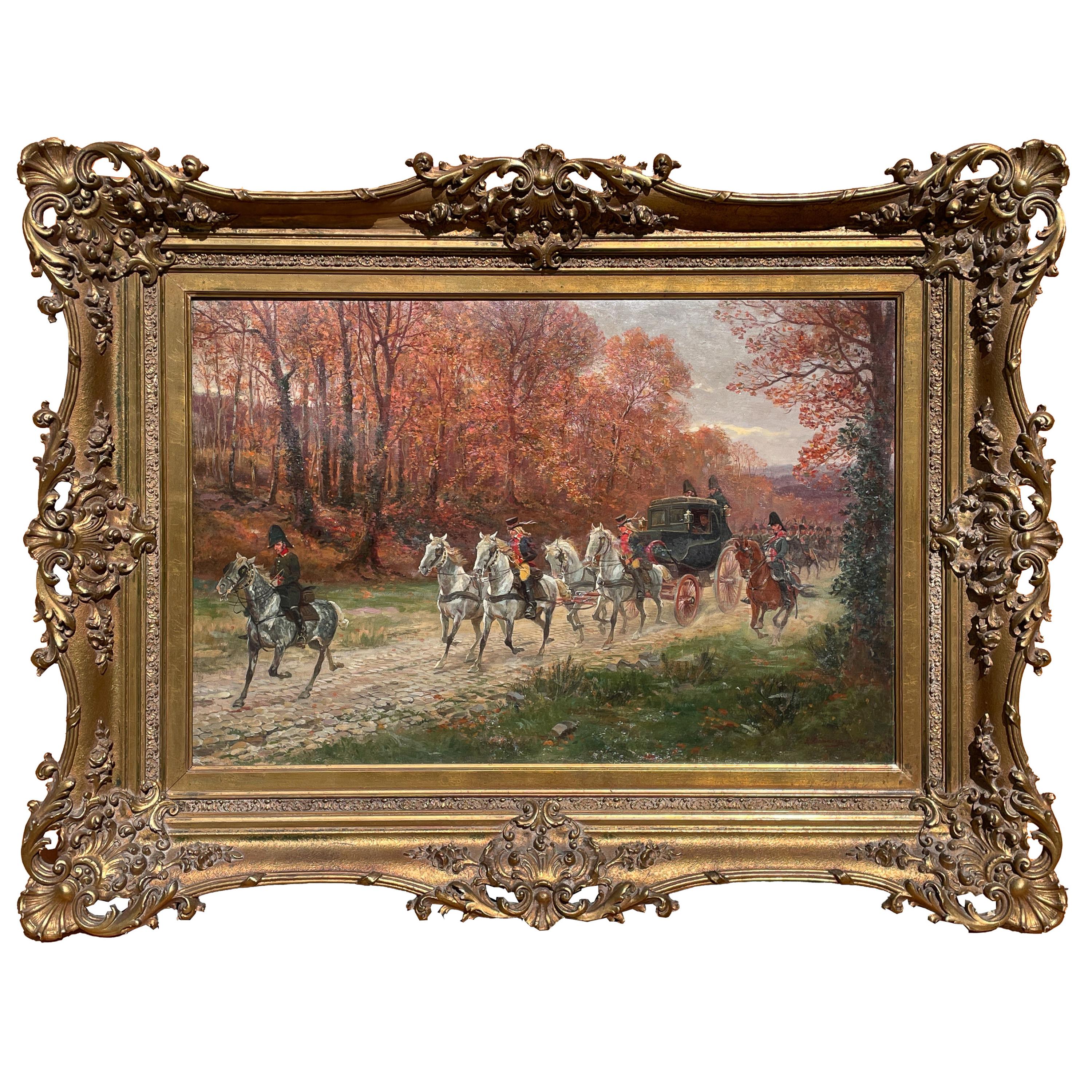 Raymond Desvarreux Animal Painting - Antique French War Oil Painting Napoleon With His Army Generals Horse & Carriage