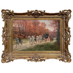 Peinture à l'huile ancienne de la guerre française représentant Napoléon avec ses générals de l'armée, cheval et chariot