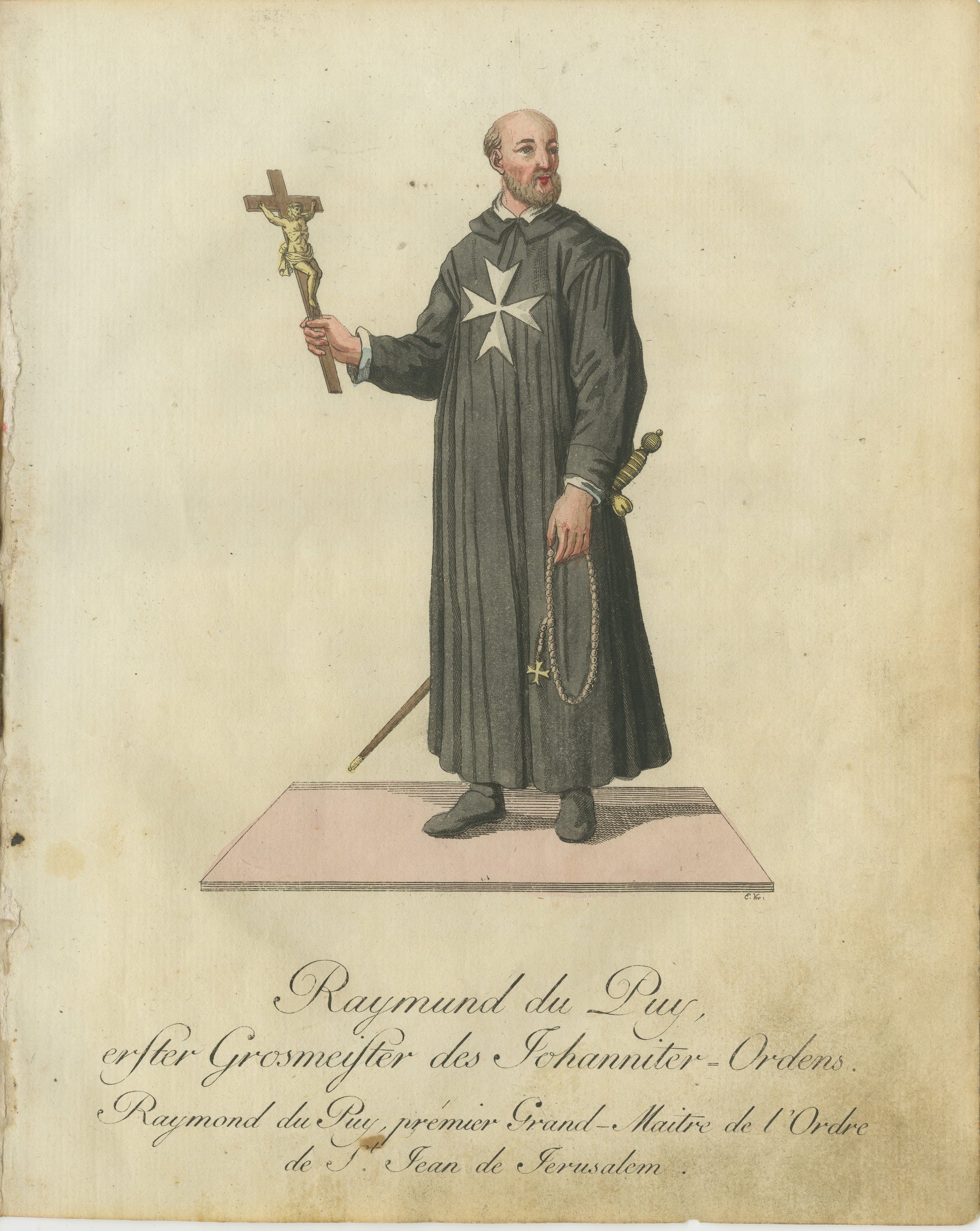 Raymond du Puy: 1791 Hand-Colored Engraving of the First Grand Master of the Hospitallers  

This captivating hand-colored engraving, titled 
