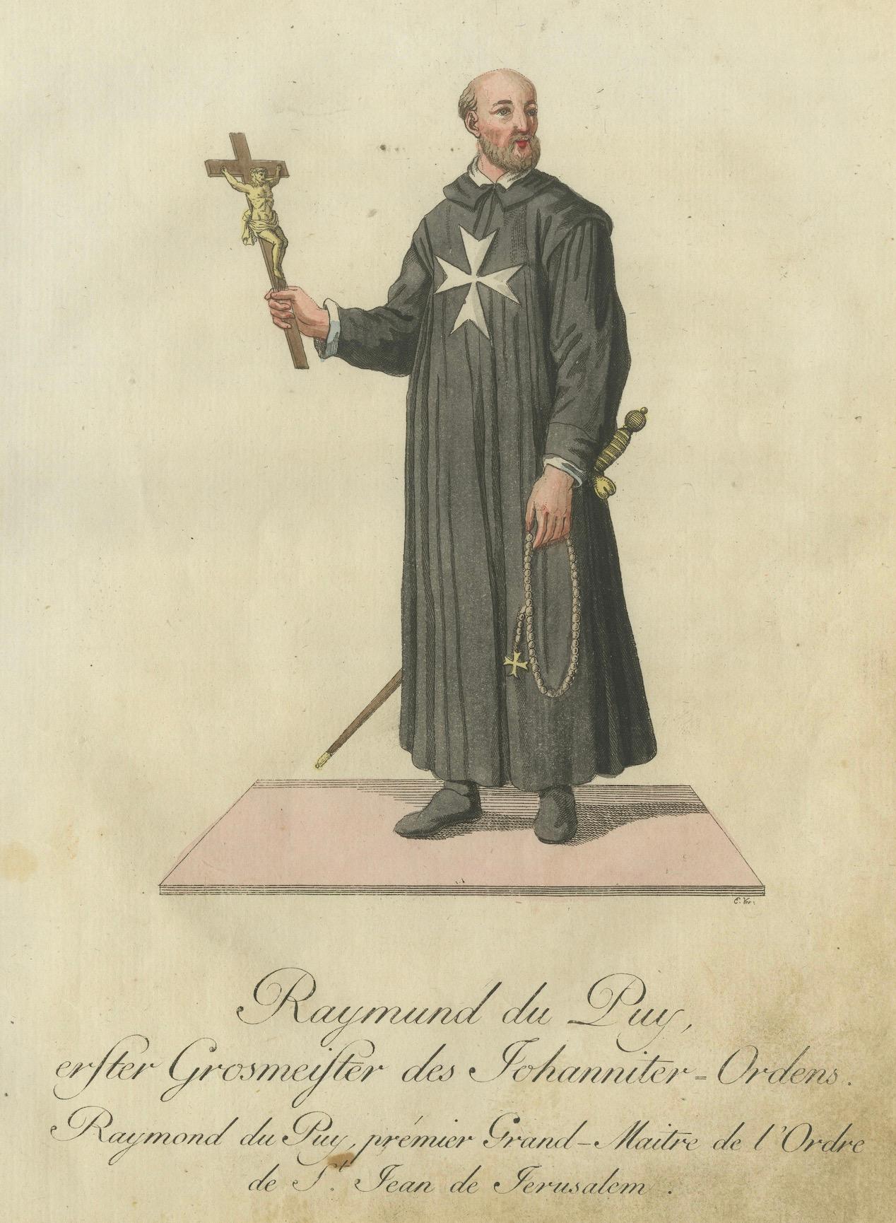 Paper Raymond du Puy: 1791 Engraving of the First Grand Master of Hospitallers For Sale
