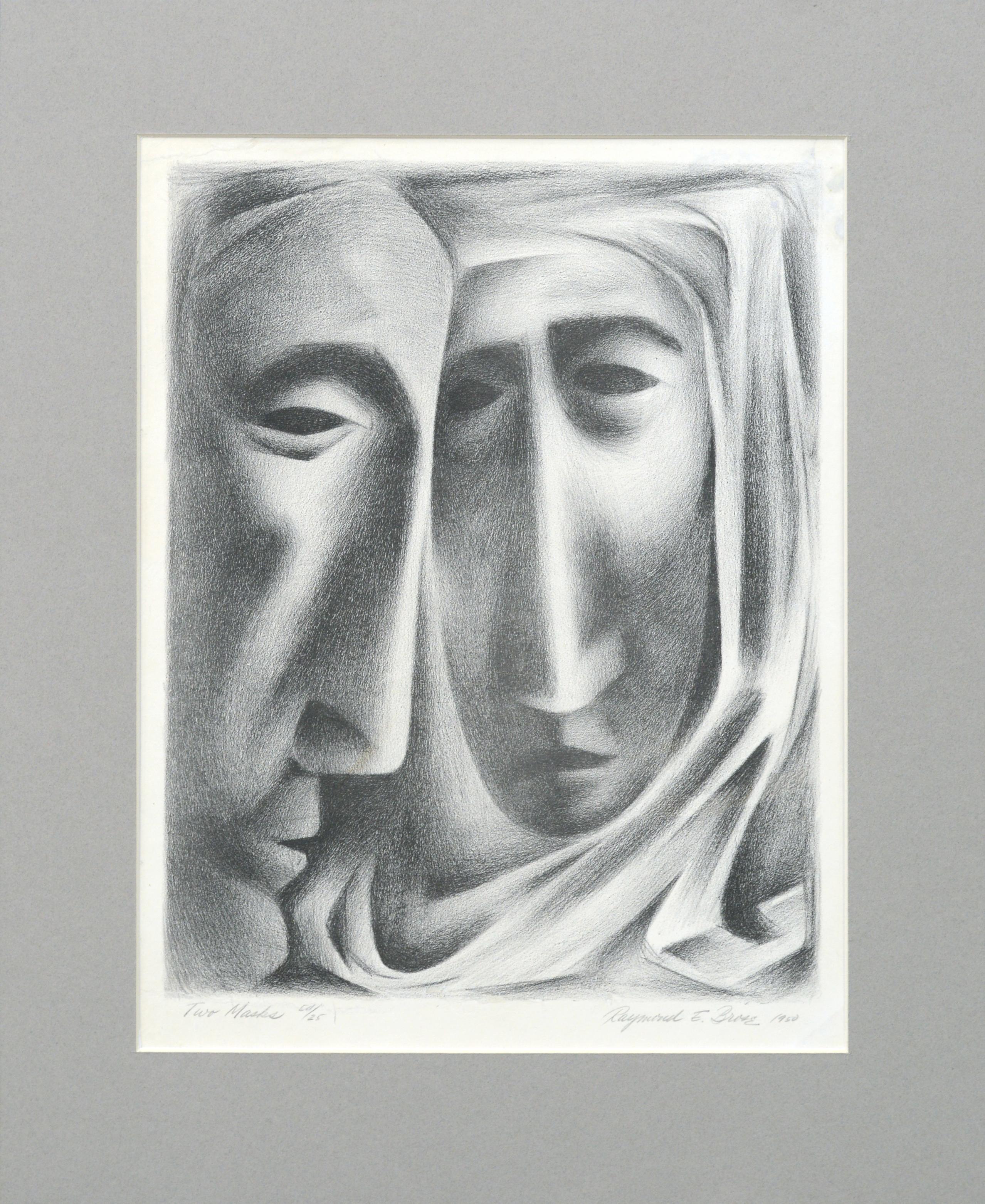 Raymond Edwin Brose Figurative Print - "Two Masks" Lithograph