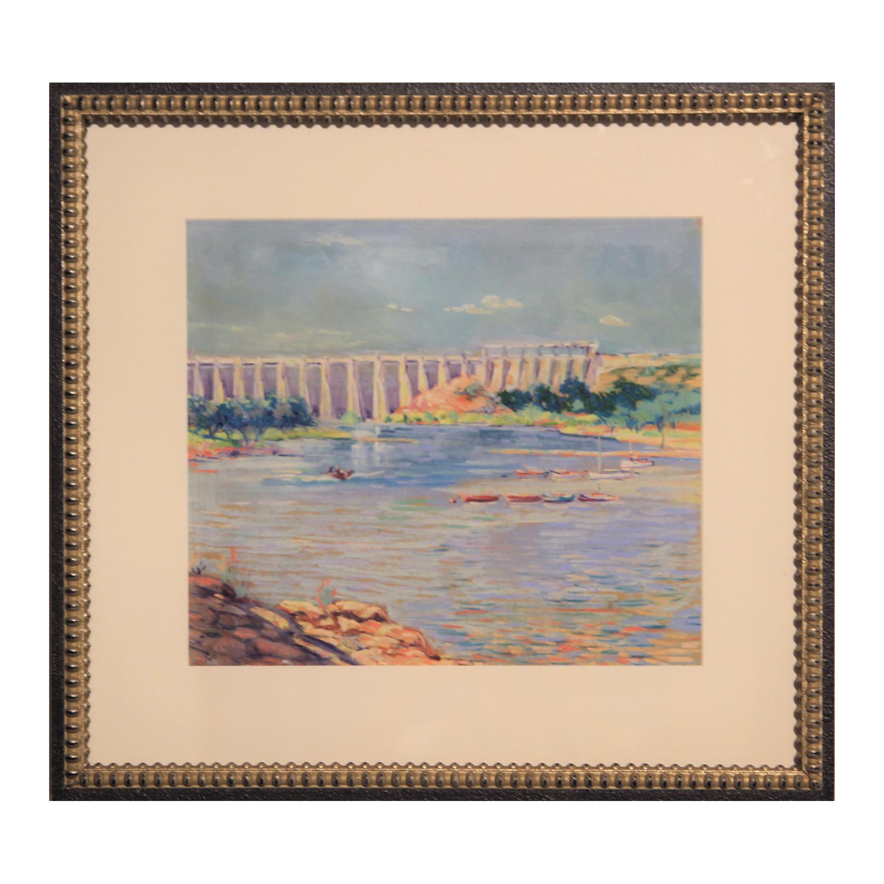 Raymond Everett   Abstract Painting - "American Parthenon" Buchanan Dam, Colorado River of Texas Pastel Painting