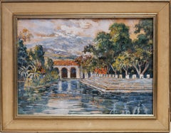 "Bergige Flussszene mit Arkade" Antike ruhige Uferlandschaft Gemälde