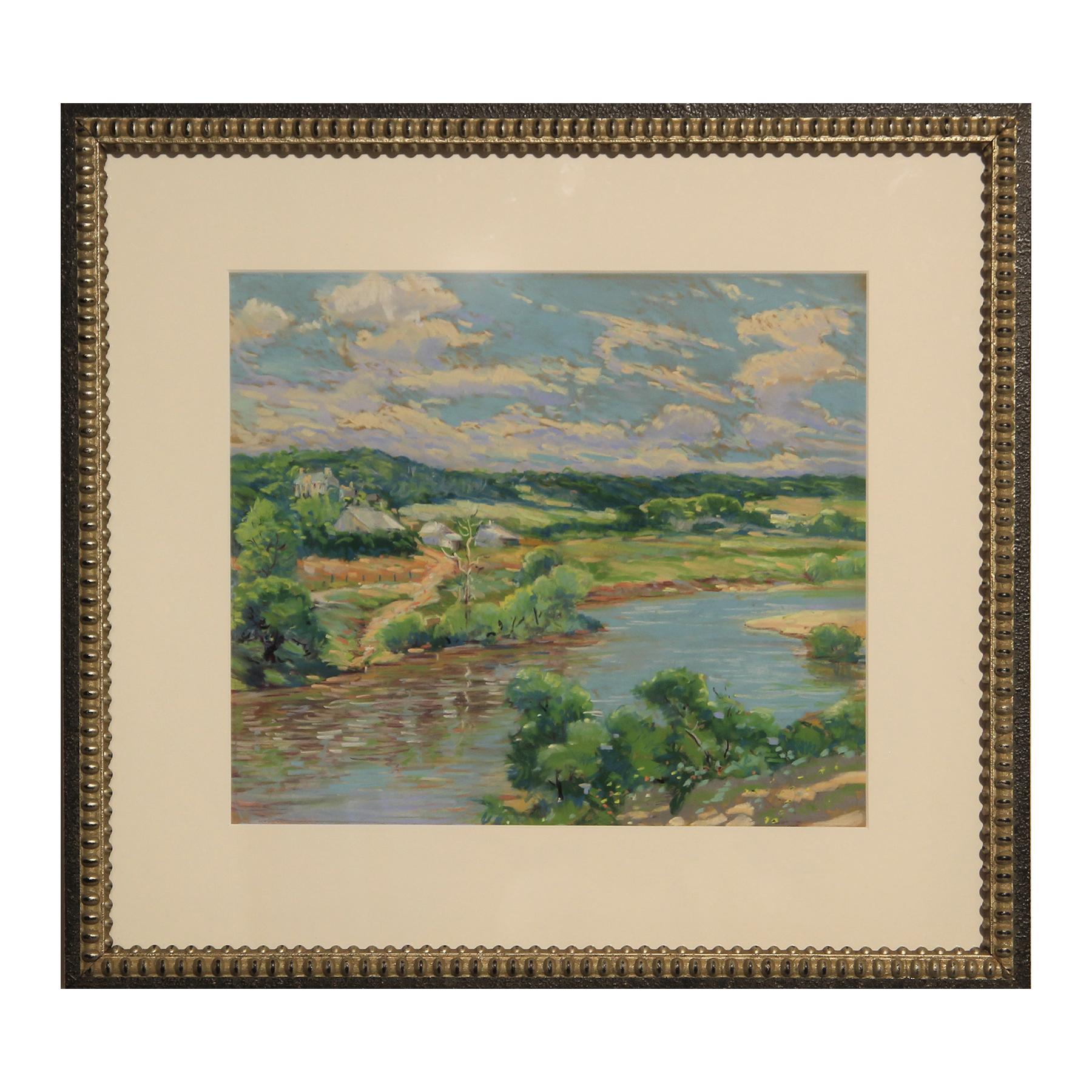 Raymond Everett   Landscape Painting - Naturalistic Texas River Pastoral Country Landscape Pastel Painting