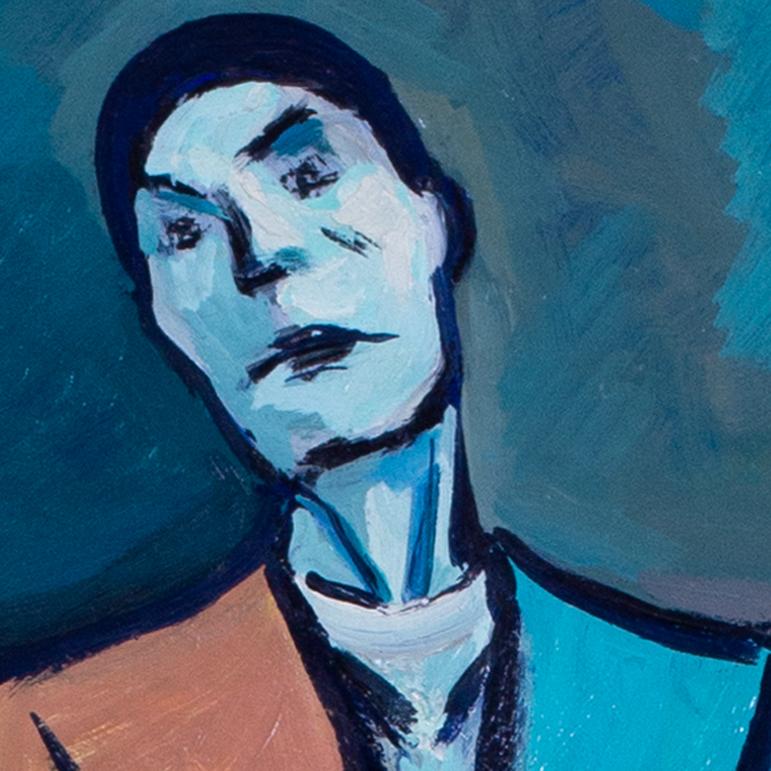 Mid 20th Century oil painting of 'Clown a la badine' by Feuillatte in teal - Painting by Raymond Feuillatte
