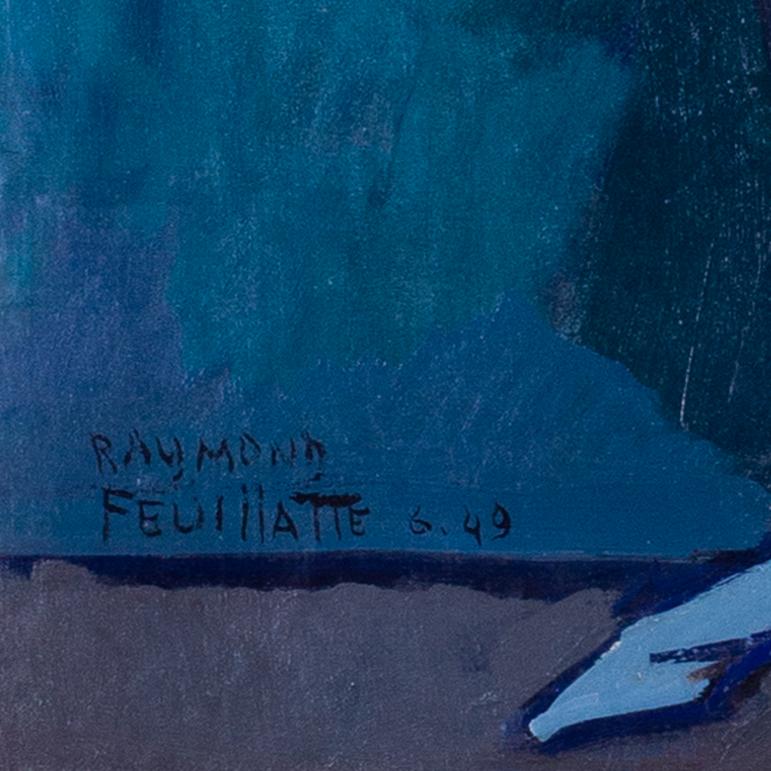 Mid 20th Century oil painting of 'Clown a la badine' by Feuillatte in teal - Modern Painting by Raymond Feuillatte