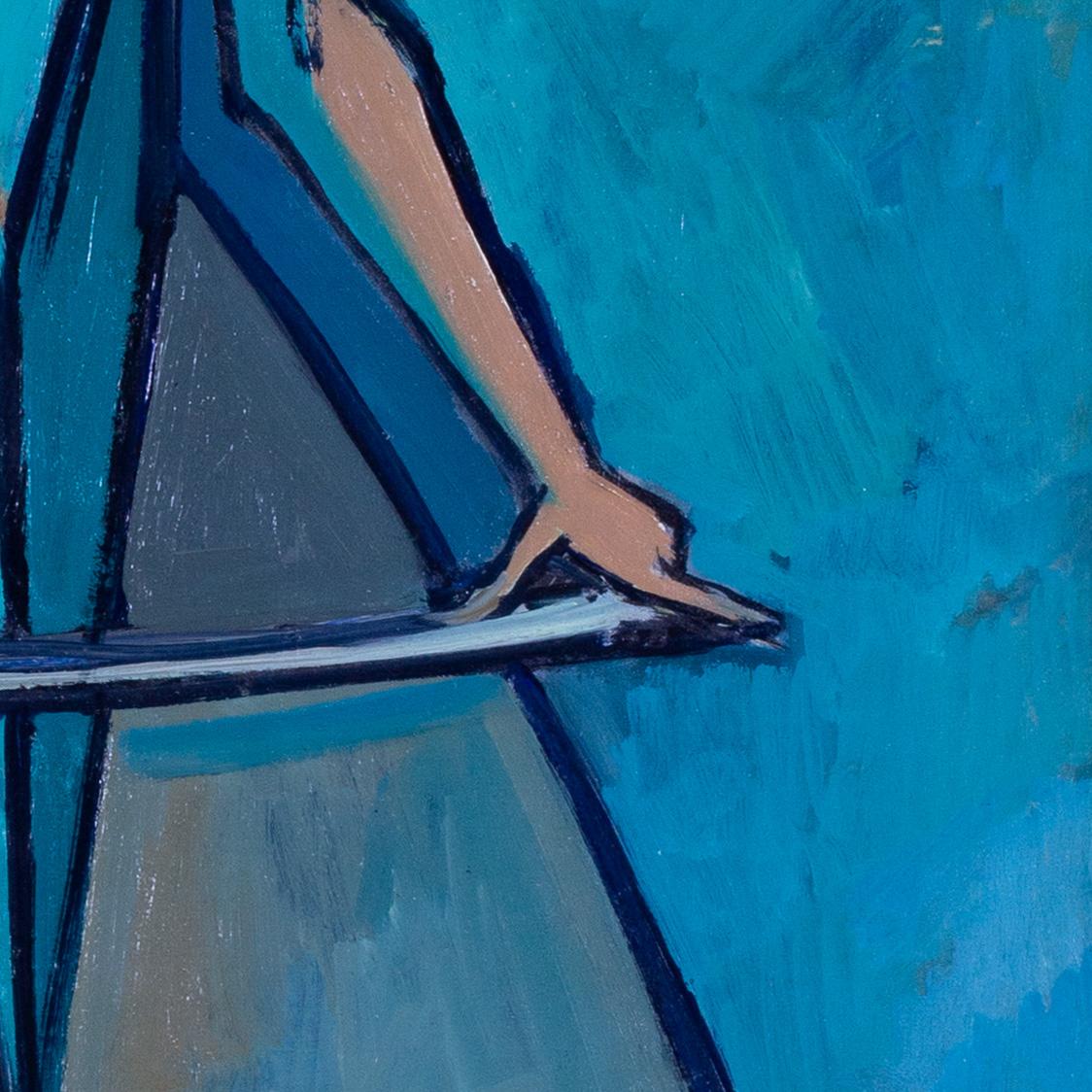Mid 20th Century oil painting of 'Clown a la badine' by Feuillatte in teal - Blue Figurative Painting by Raymond Feuillatte