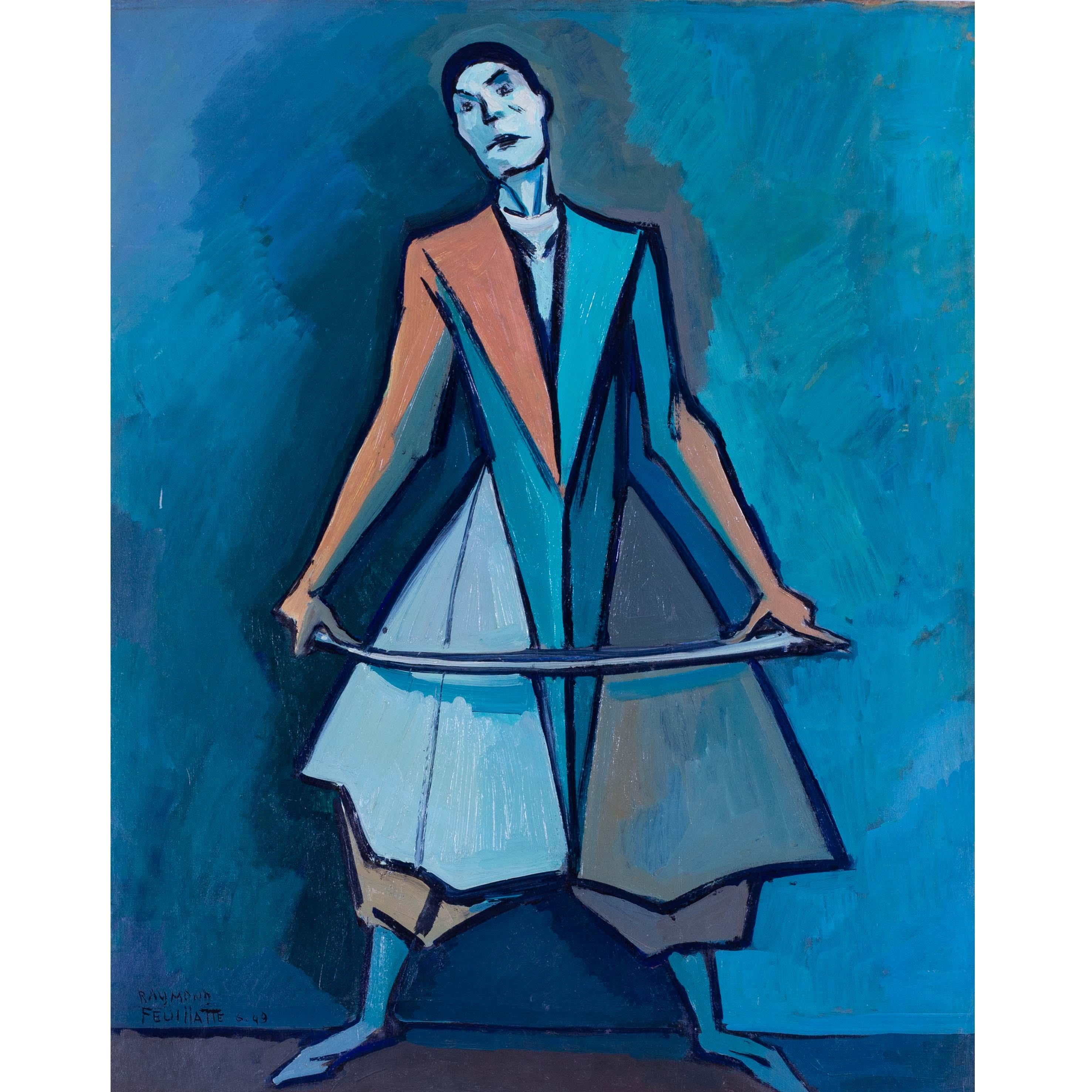 Mid 20th Century oil painting of 'Clown a la badine' by Feuillatte in teal For Sale 1
