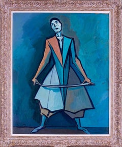 Quadro ad olio della metà del XX secolo raffigurante "Clown a la badine" di Feuillatte in colore verde acqua.
