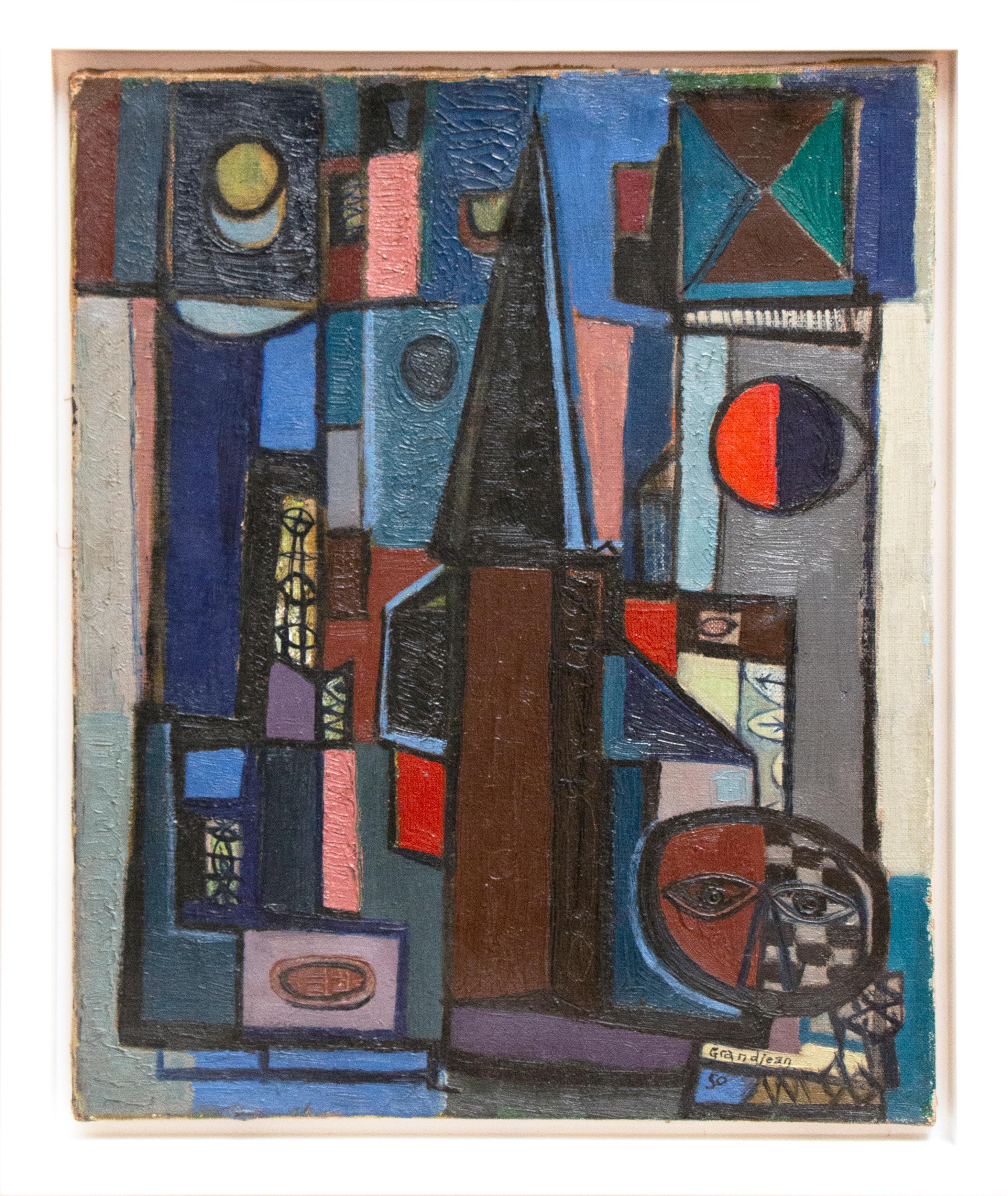 This is an abstracted city-scape in a post-war style by French artist Raymond Grandjean.  It has many shades of blue and red along with gray and earth tones. This work is indicative of Grandjean's style of geometric motifs and connected triangles. 