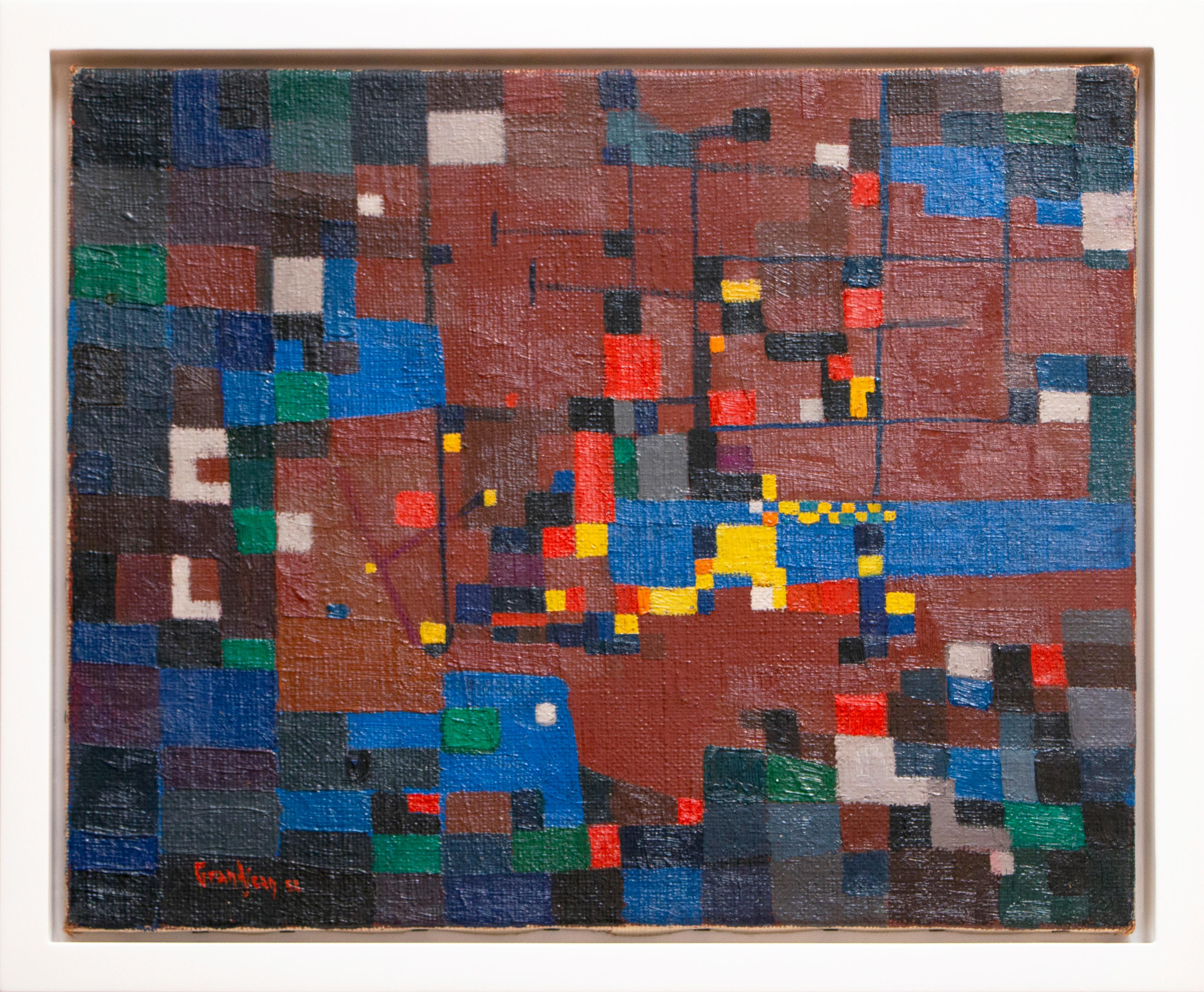 This is a horizontal, geometric abstract painting by French artist Raymond Grandjean.  It has a patchwork of colors including red, blues, yellow, greens and neutral colors. It is framed in a hand-made white lacquered frame. 

Raymond Grandjean