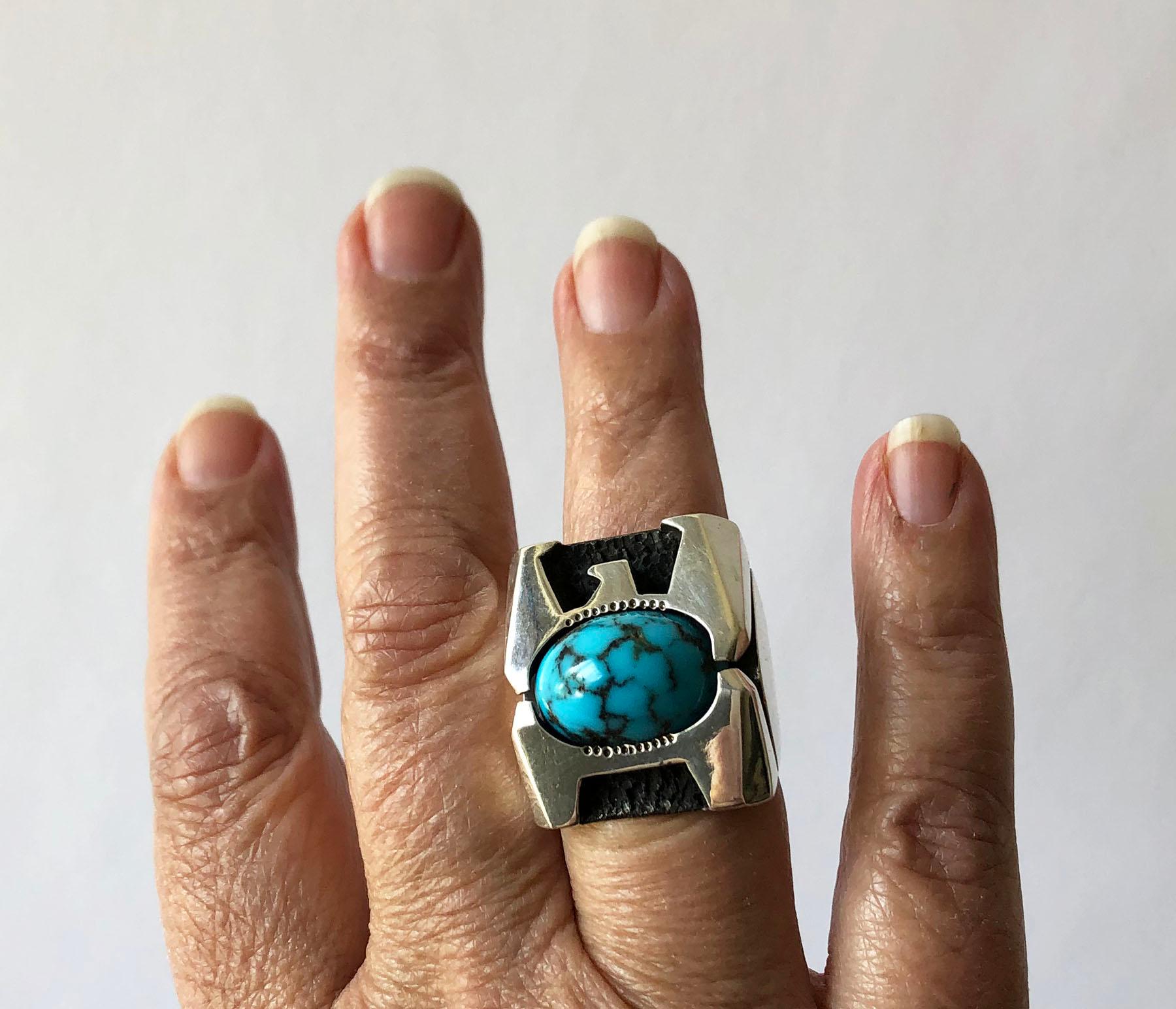 Cabochon Raymond Graves Sterling Silver Turquoise Thunderbird Ring