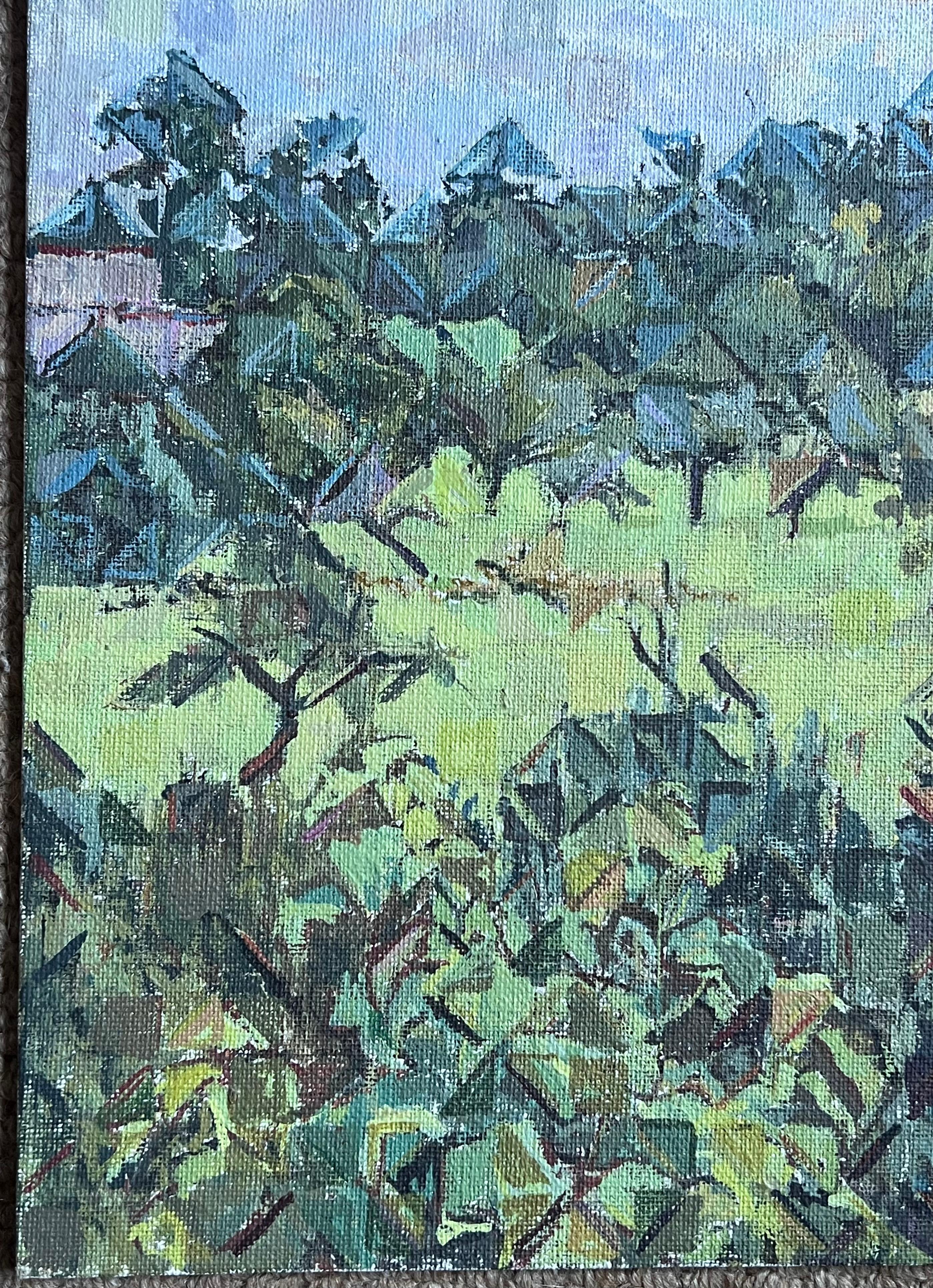 Französische kubistische abstrakte grüne Landschaft mit Bäumen, 1970er Jahre, Ölgemälde – Painting von Raymond Guidot