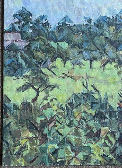 Peinture à l'huile cubiste et moderniste française - paysage vert abstrait avec arbres des années 1970