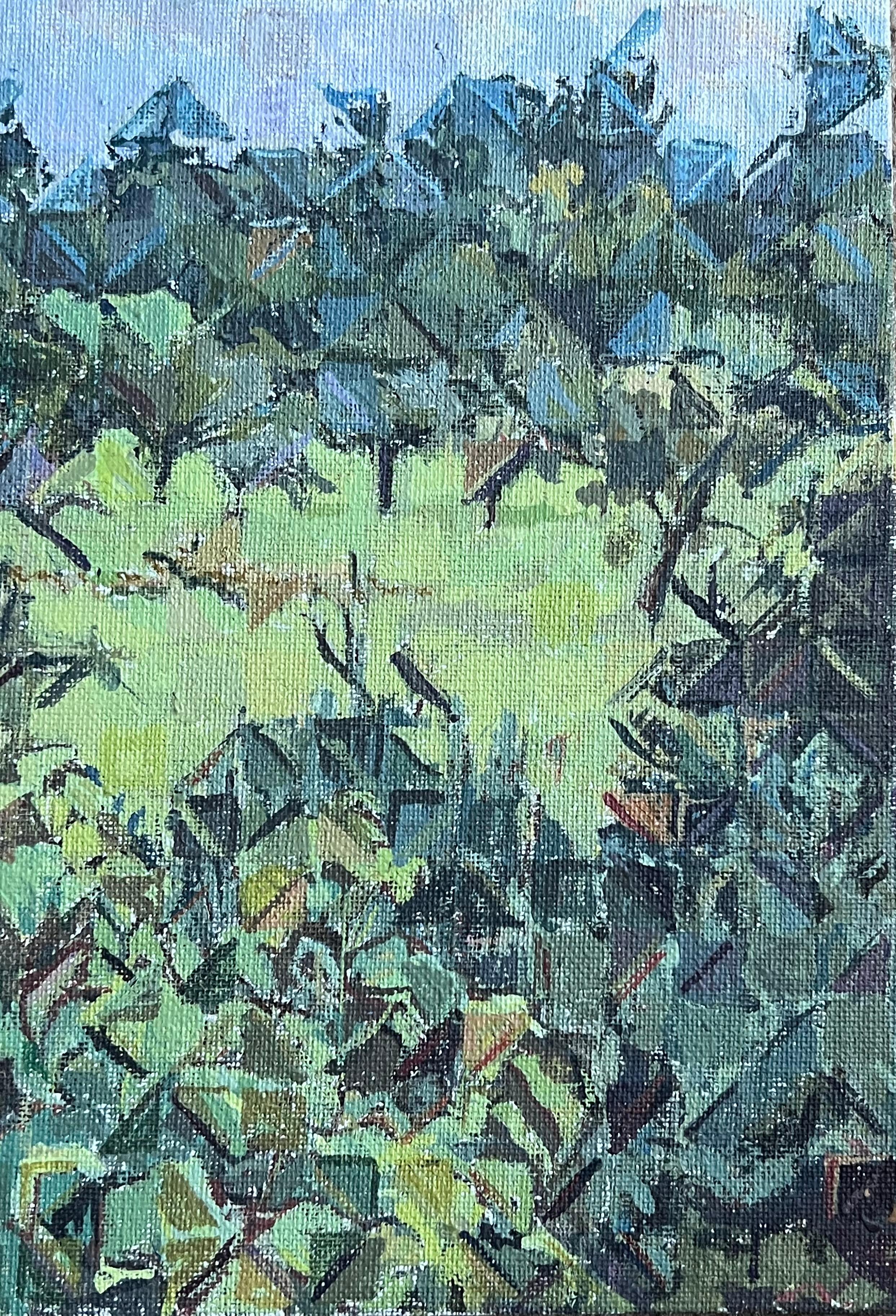 Französische kubistische abstrakte grüne Landschaft mit Bäumen, 1970er Jahre, Ölgemälde (Kubismus), Painting, von Raymond Guidot
