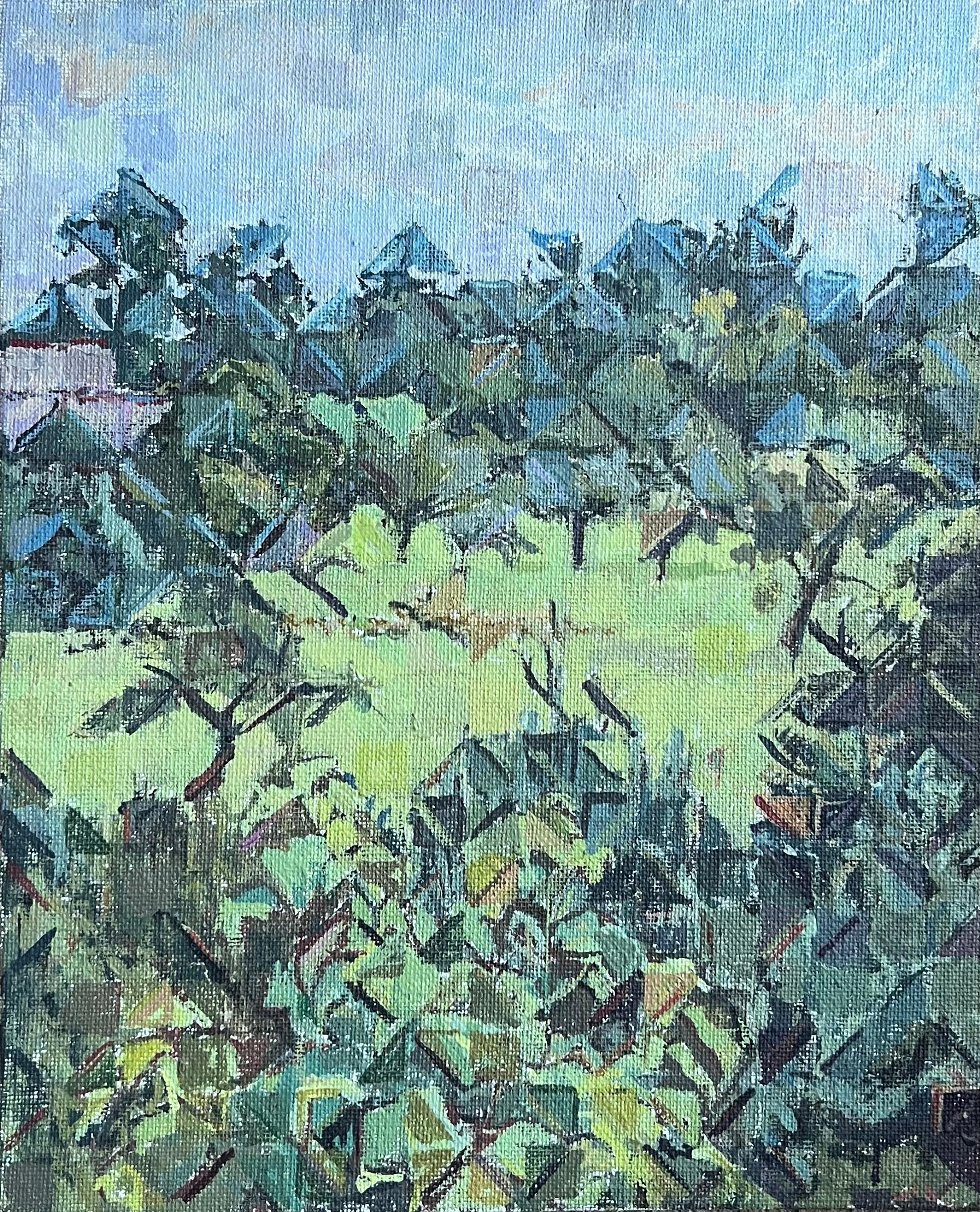 Pittura ad olio cubista francese modernista astratta Greene & Greene con alberi del 1970