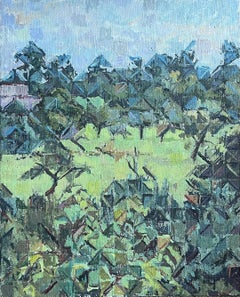 French Cubist Modernist Abstract Green Landscape with Trees 1970's Oil Painting