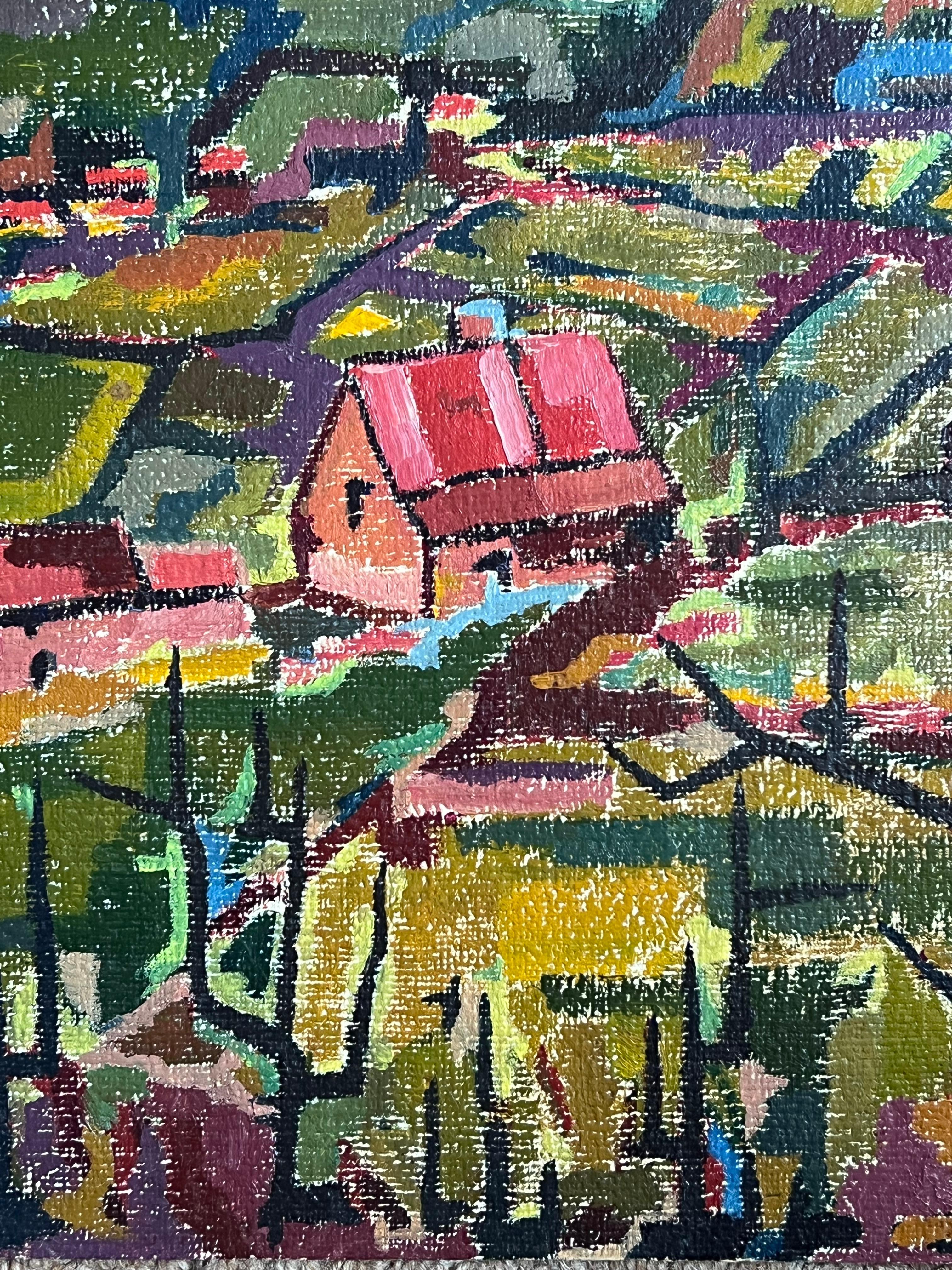 French Modernist 1960's Oil Painting Cubist Village Landscape - Black Landscape Painting by Raymond Guidot
