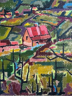 French Modernist 1960's Oil Painting Cubist Village Landscape