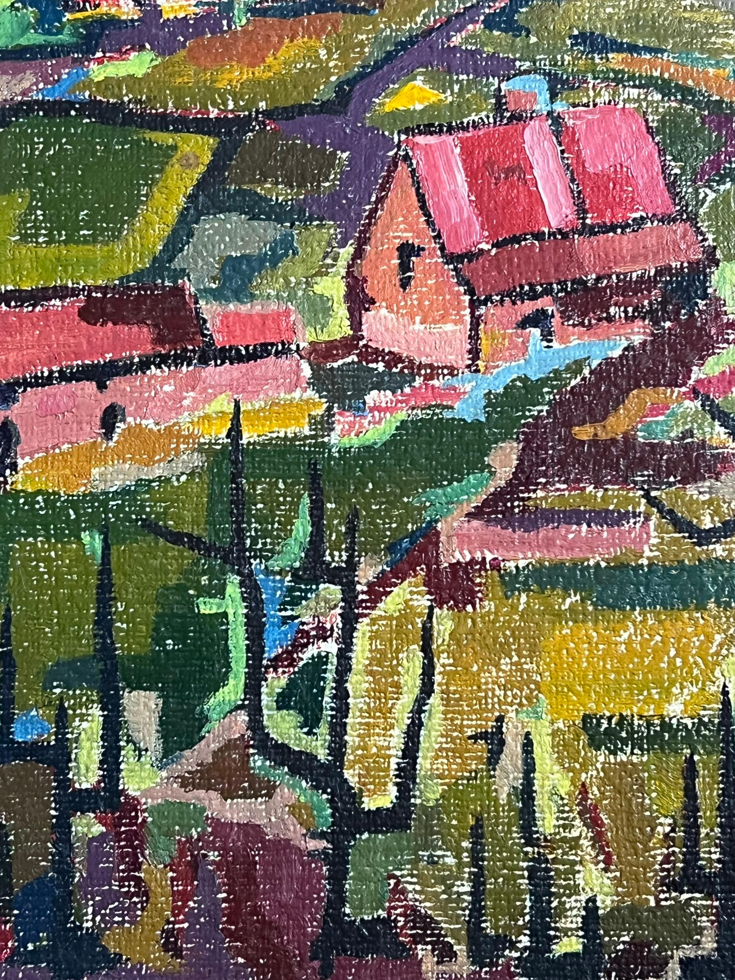 The Village Landscape
The artist, Raymond Guidot (1935 - 2021) was a Parisian art historian, critique and teacher. 

oil painting on board, unframed
board: 9 x 10.5 inches
stamped verso with the artists studio stamp. 
condition: very