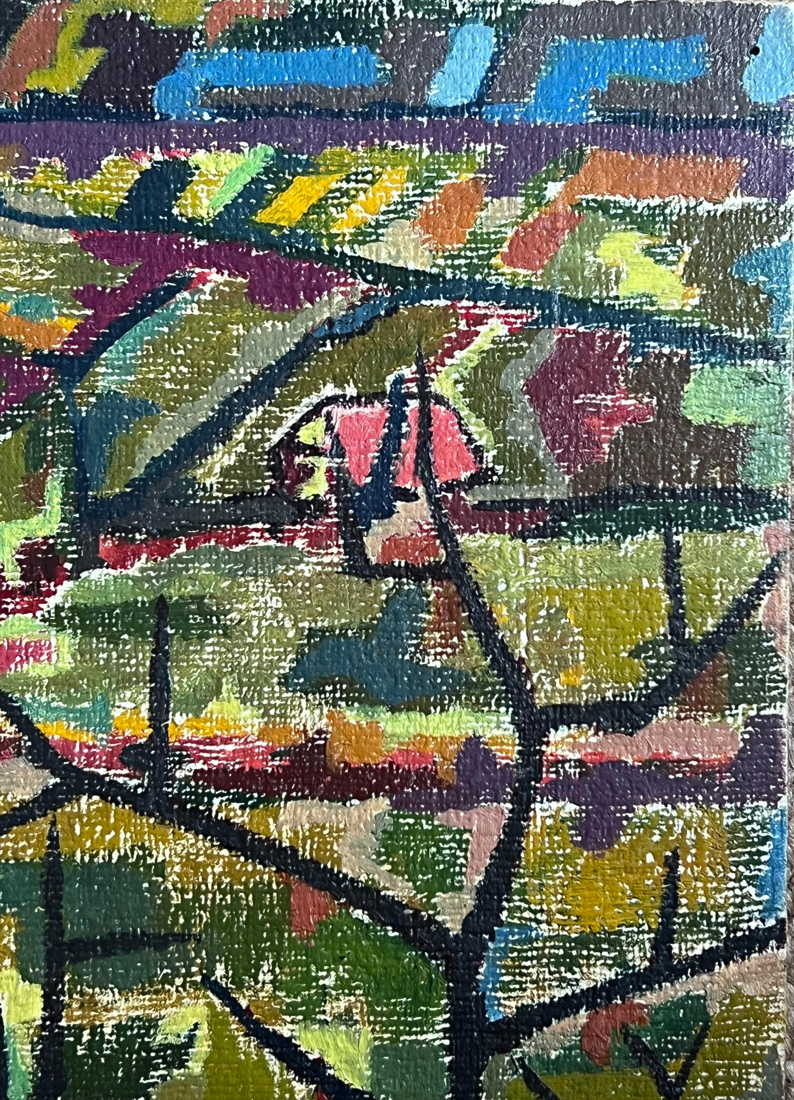 French Modernist 1960's Oil Painting Cubist Village Landscape For Sale 2