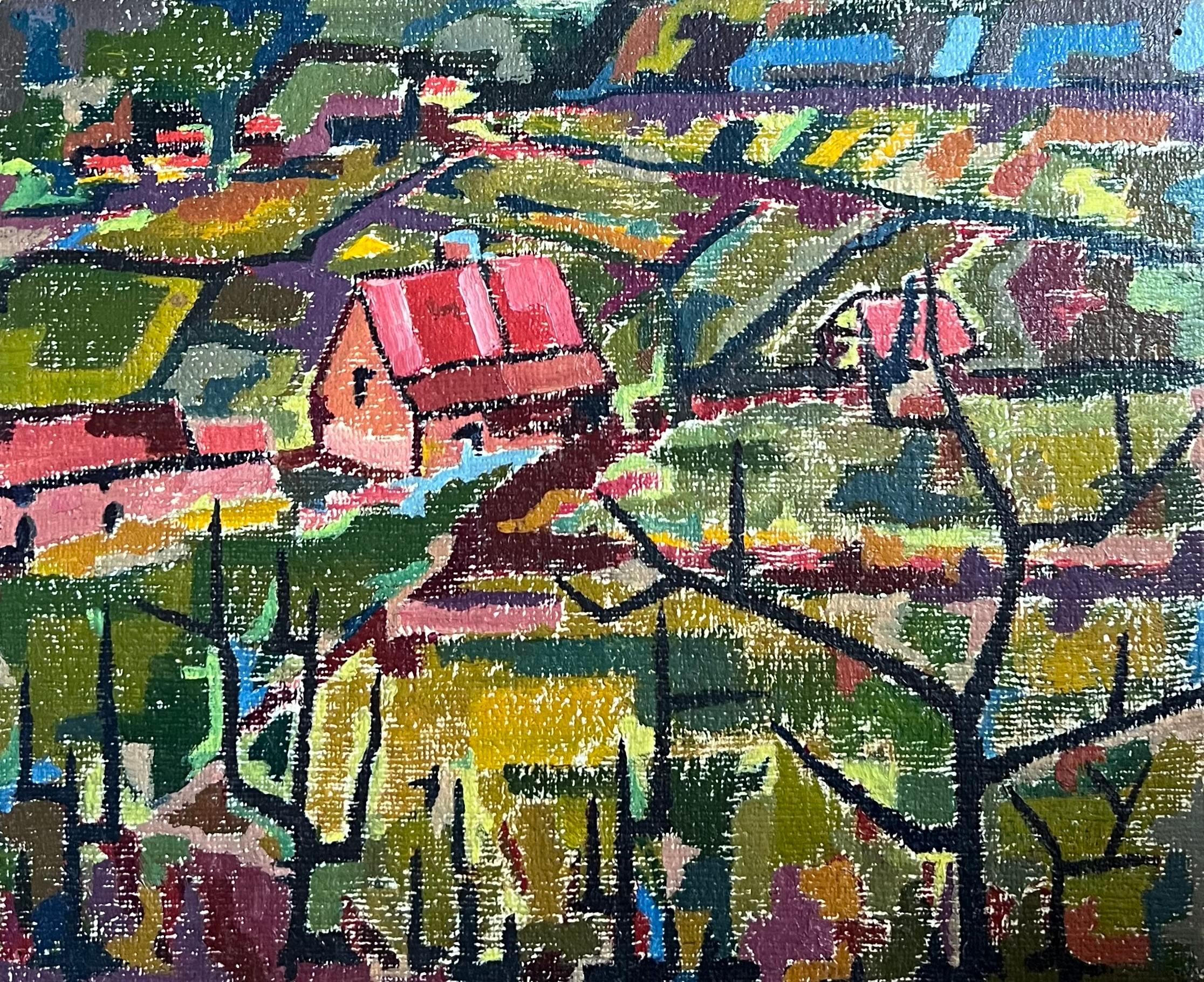 Raymond Guidot Landscape Painting - French Modernist 1960's Oil Painting Cubist Village Landscape