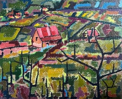 Pittura a olio francese modernista degli anni '60 Paesaggio di villaggio cubista