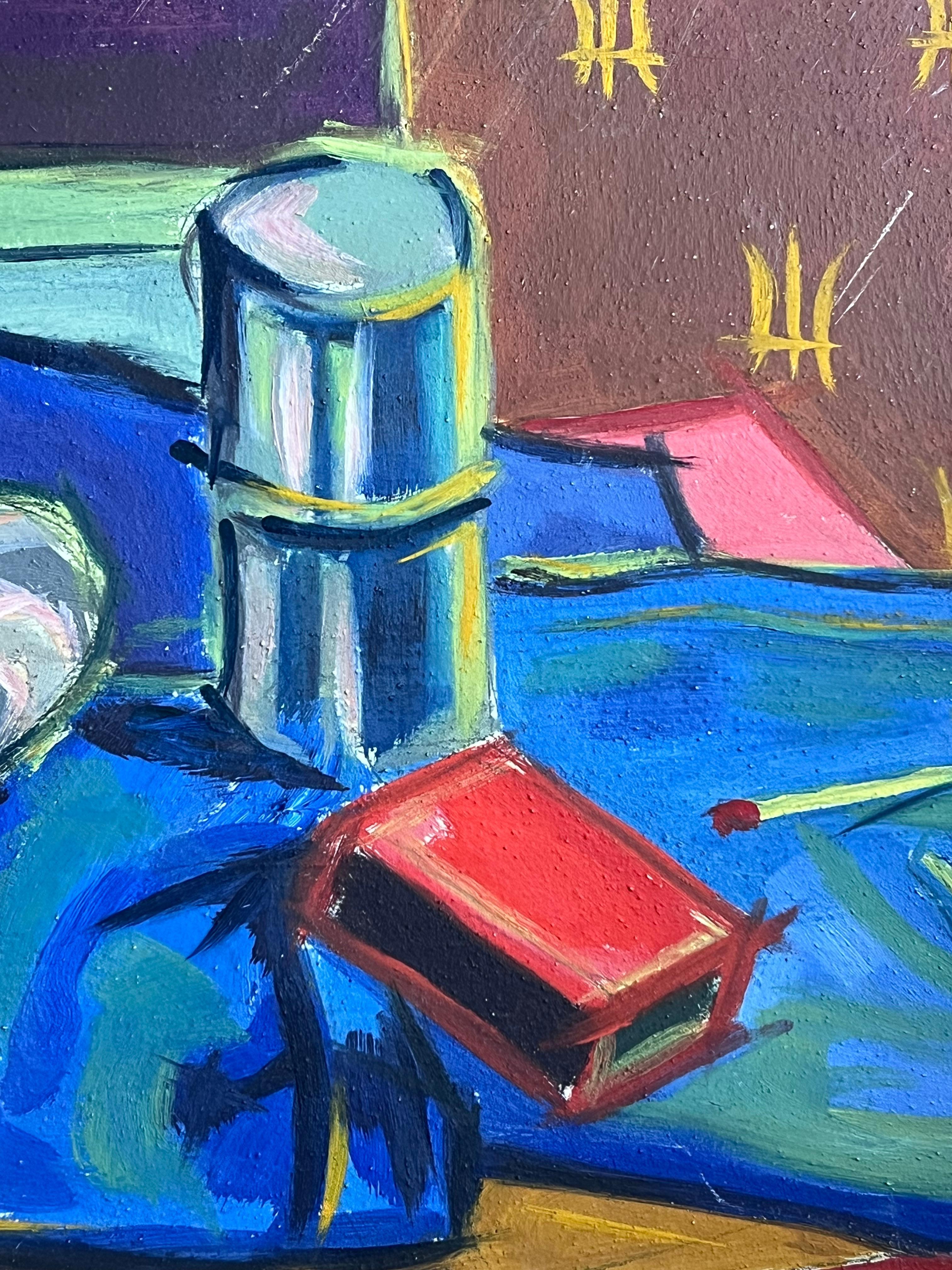 Französisch Modernist Stillleben Buntes Ölgemälde Tiefblaue Farben Aufgeführt Künstler – Painting von Raymond Guidot