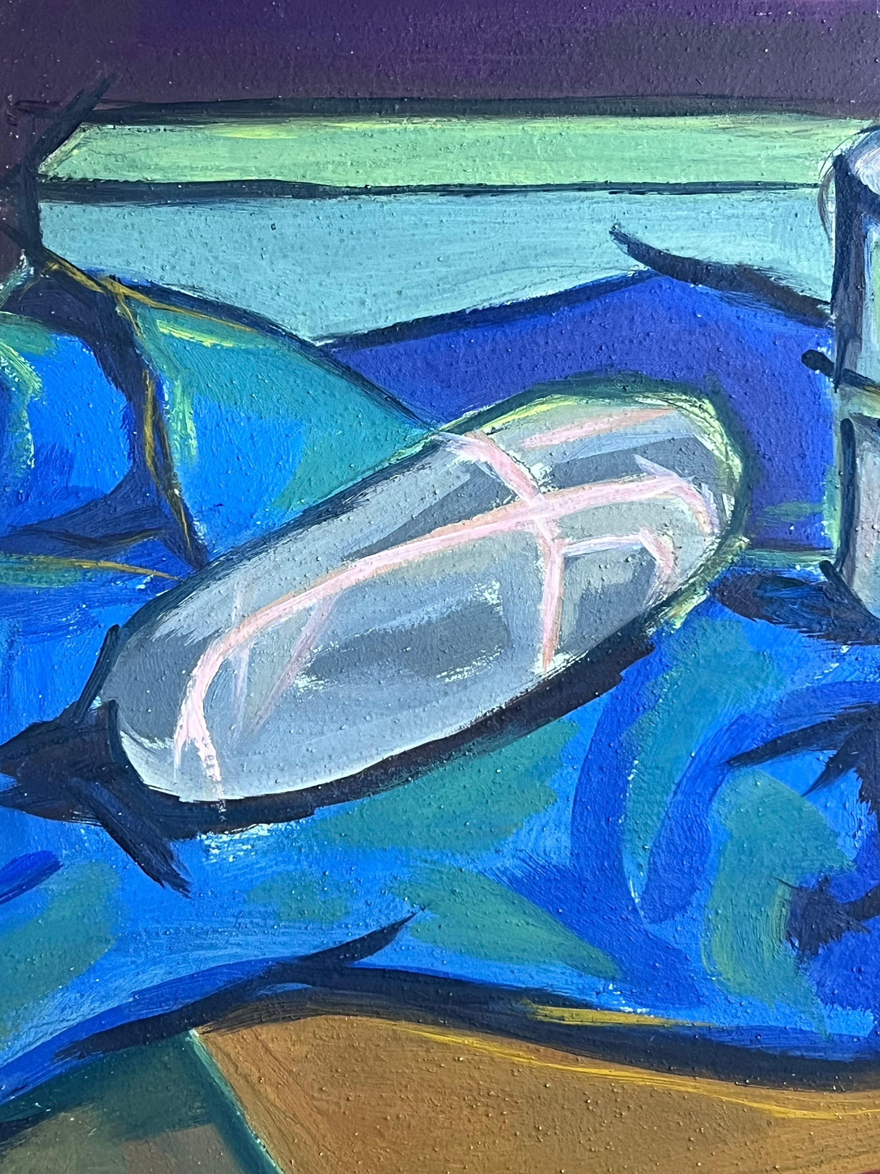 Französisch Modernist Stillleben Buntes Ölgemälde Tiefblaue Farben Aufgeführt Künstler (Impressionismus), Painting, von Raymond Guidot