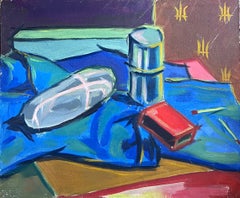 French Modernist Still Life Colorful Oil Painting Deep Blue Colors Listed Artist