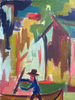 Original 20th Century French Modernist Oil Painting Man in Punt Boat by Houses